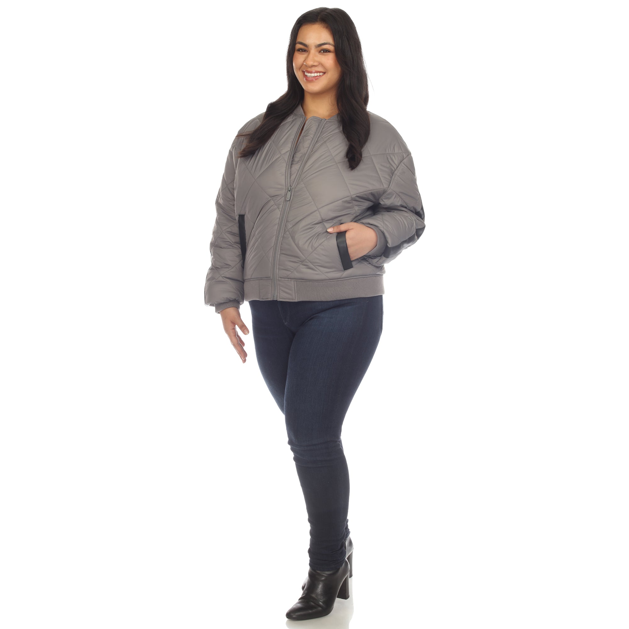  White Mark Plus Size Lightweight Diamond Quilted Puffer Bomber Jacket - 3X - Bonton