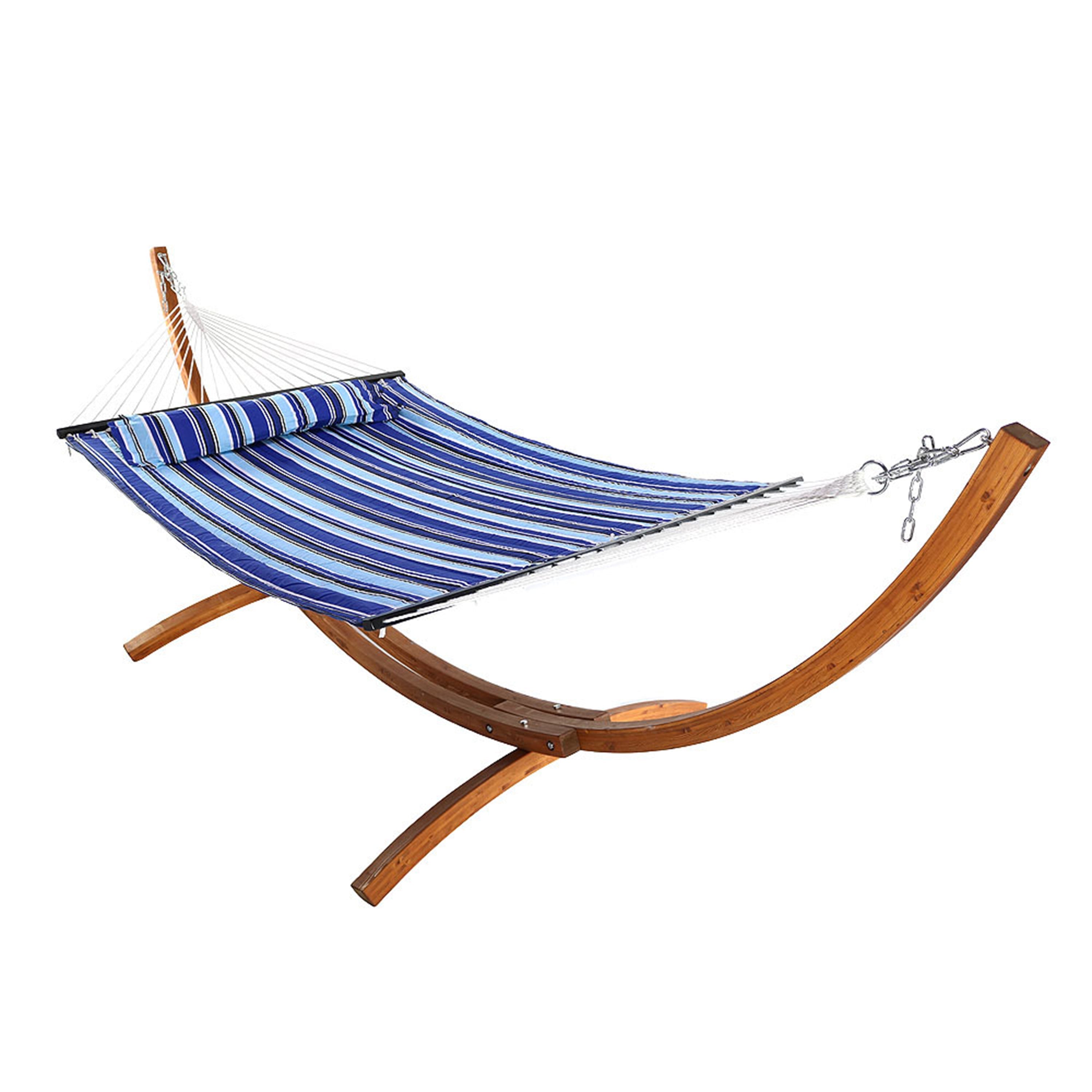  Sunnydaze Decor Quilted Double Fabric 2-Person Hammock with Curved Arc Wood Stand - 400 lb Weight Capacity/12' Stand - Blue & Green Stripe - Bonton