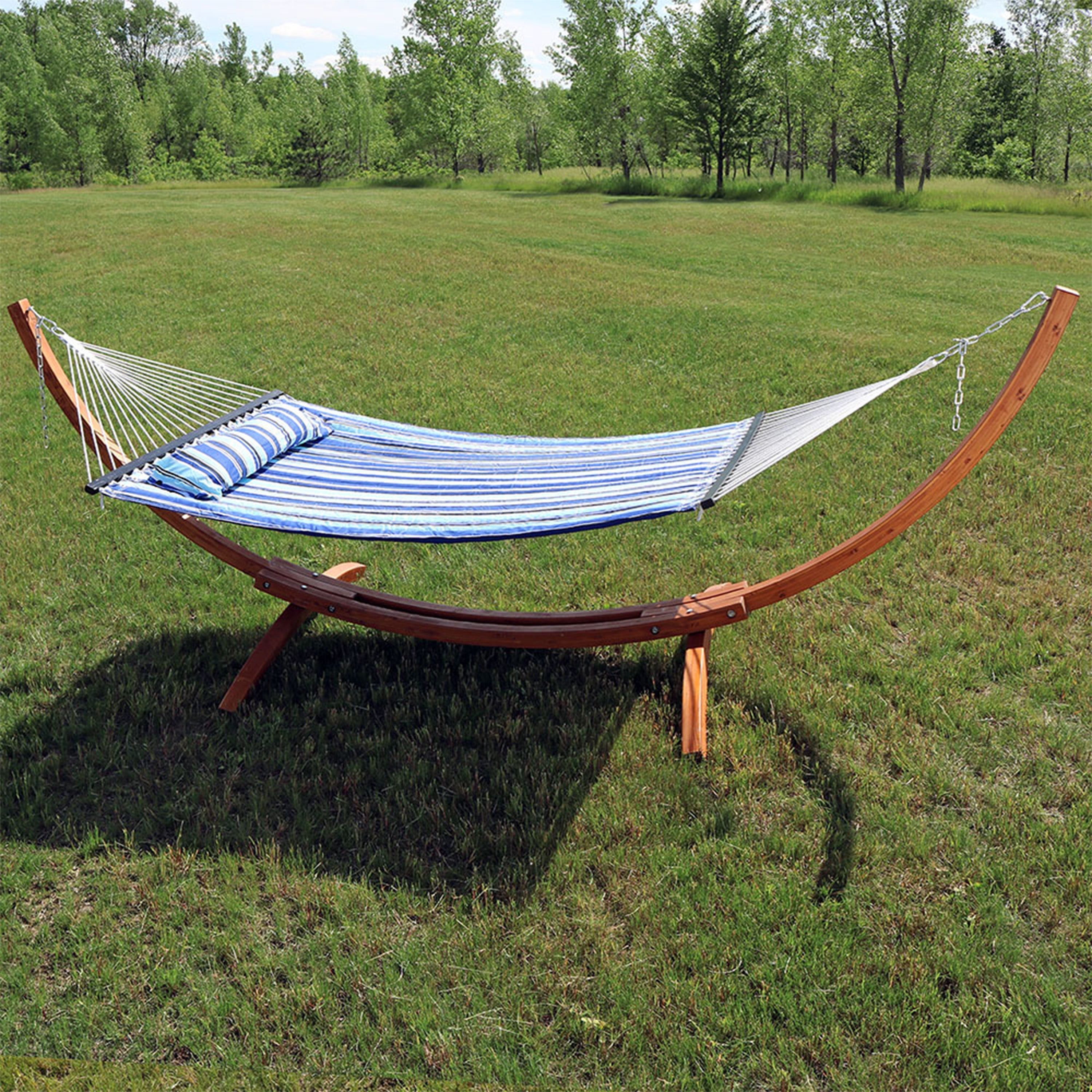  Sunnydaze Decor Quilted Double Fabric 2-Person Hammock with Curved Arc Wood Stand - 400 lb Weight Capacity/12' Stand - Blue & Green Stripe - Bonton