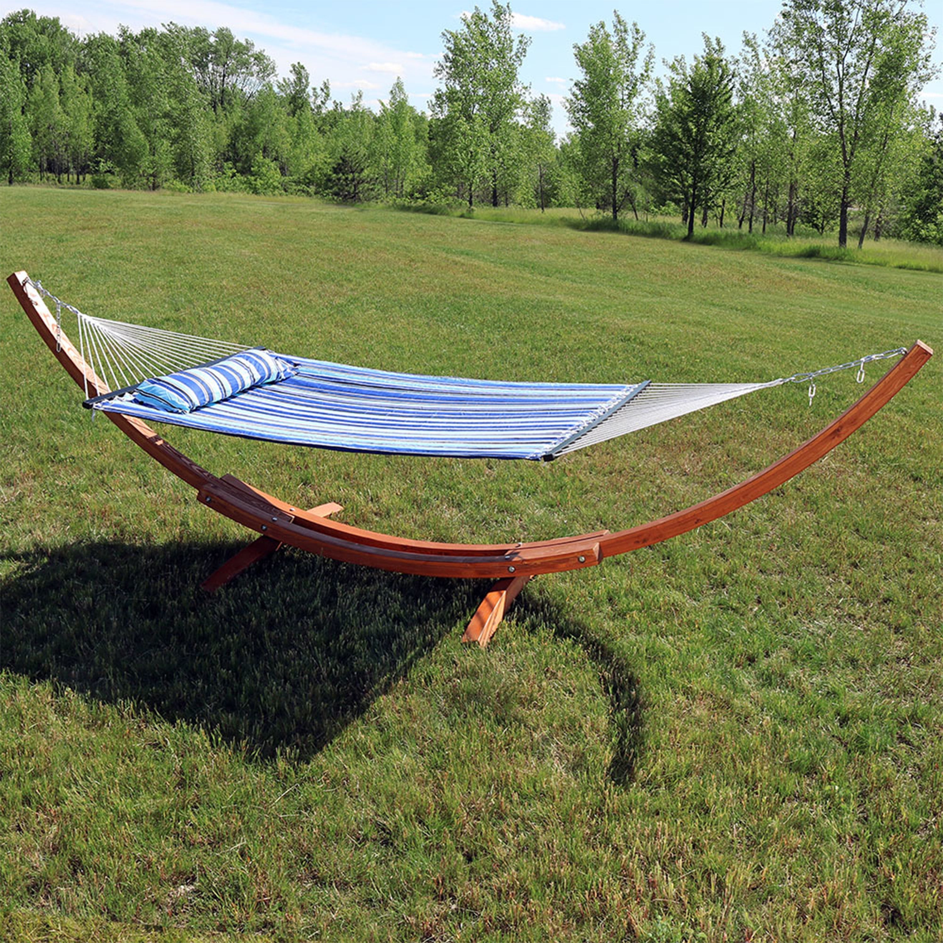  Sunnydaze Decor Quilted Double Fabric 2-Person Hammock with Curved Arc Wood Stand - 400 lb Weight Capacity/12' Stand - Red Stripe - Bonton