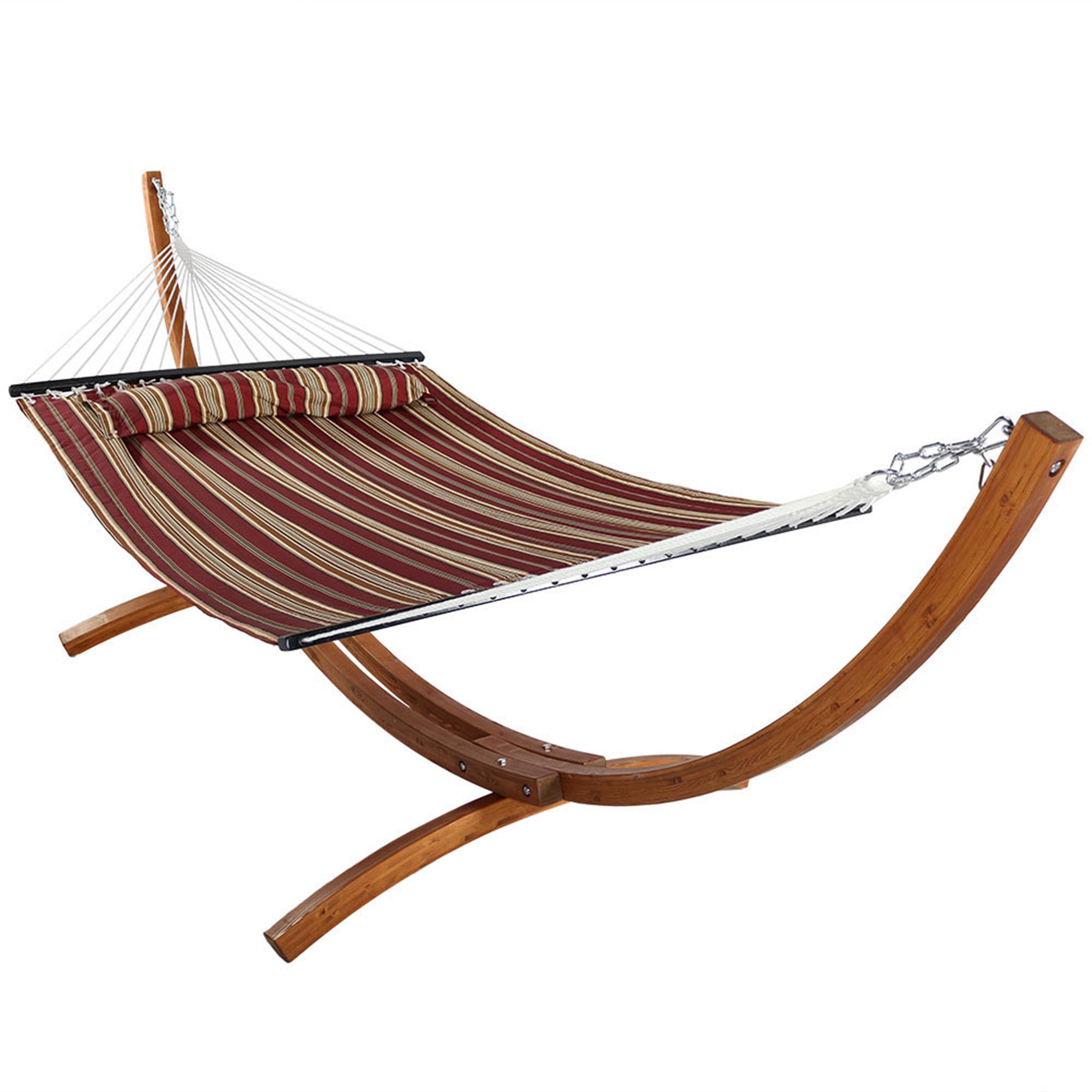  Sunnydaze Decor Quilted Double Fabric 2-Person Hammock with Curved Arc Wood Stand - 400 lb Weight Capacity/12' Stand - Catalina Beach - Bonton