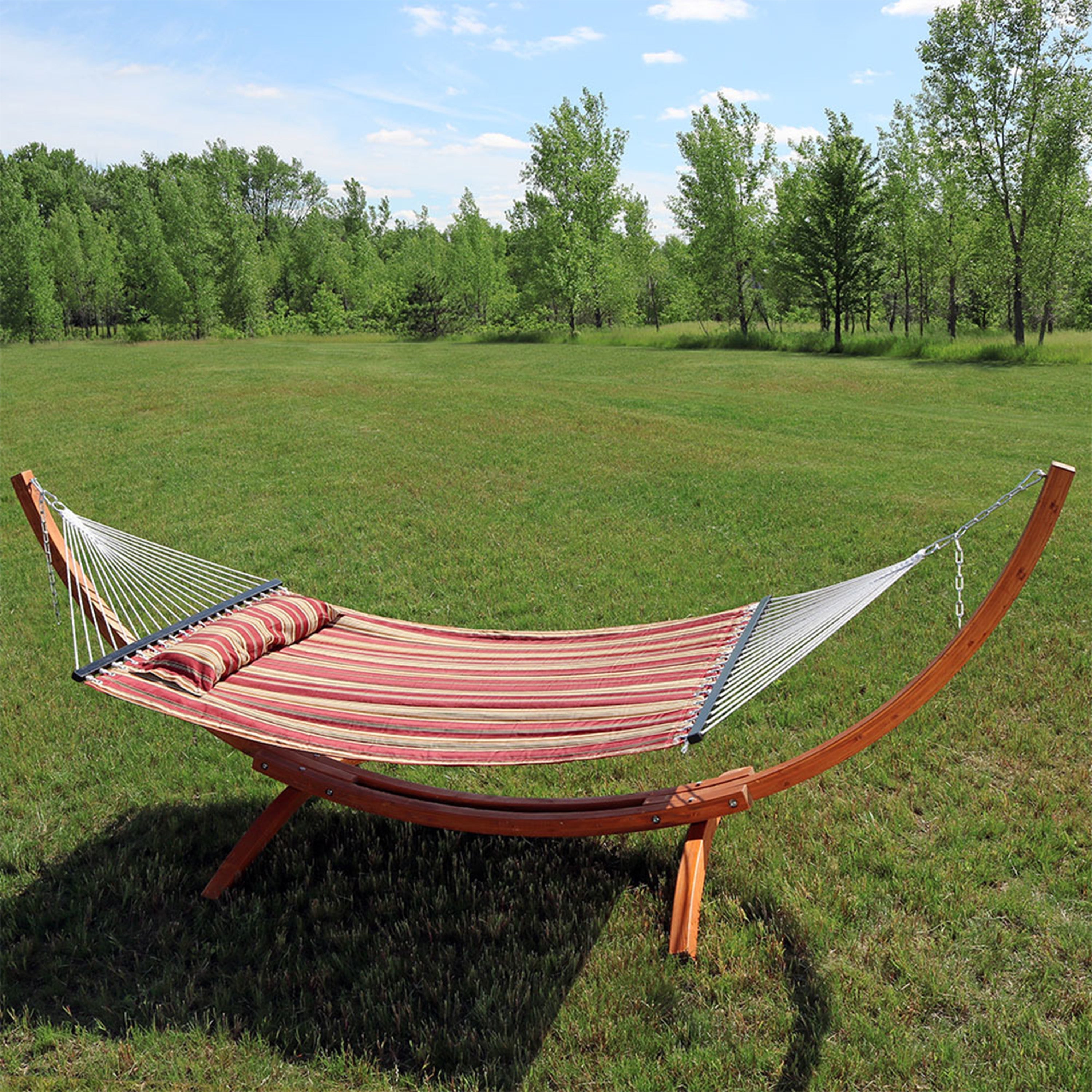  Sunnydaze Decor Quilted Double Fabric 2-Person Hammock with Curved Arc Wood Stand - 400 lb Weight Capacity/12' Stand - Sandy Beach - Bonton