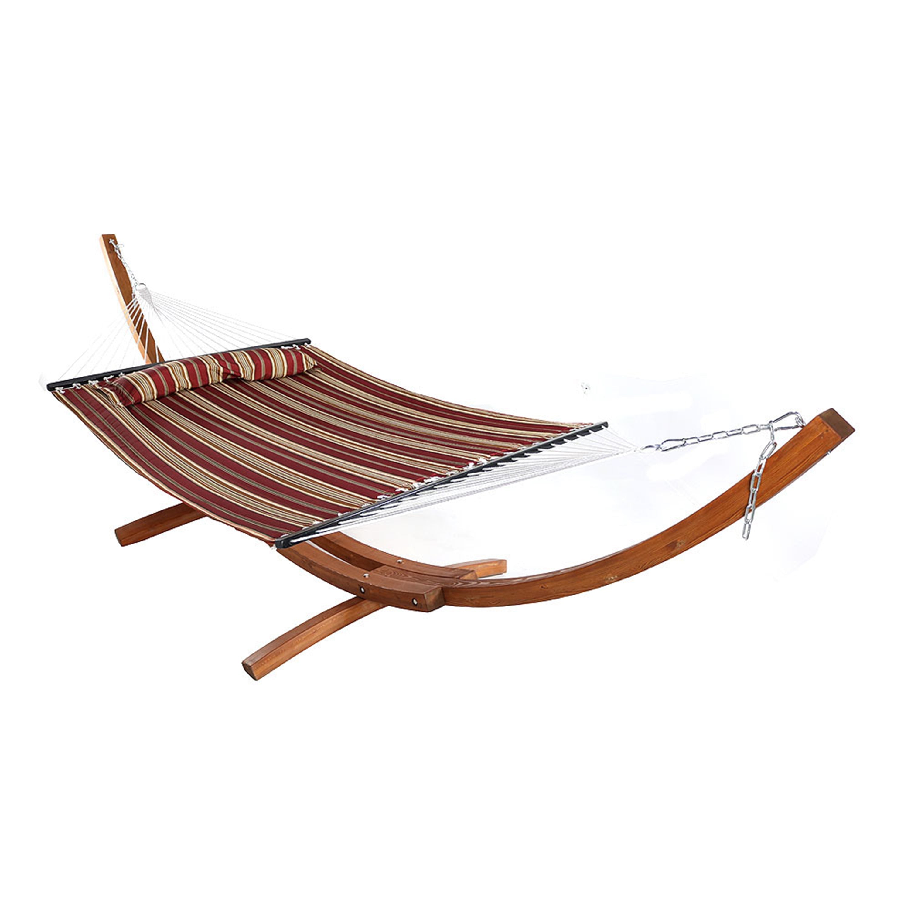  Sunnydaze Decor Quilted Double Fabric 2-Person Hammock with Curved Arc Wood Stand - 400 lb Weight Capacity/12' Stand - Red Stripe - Bonton