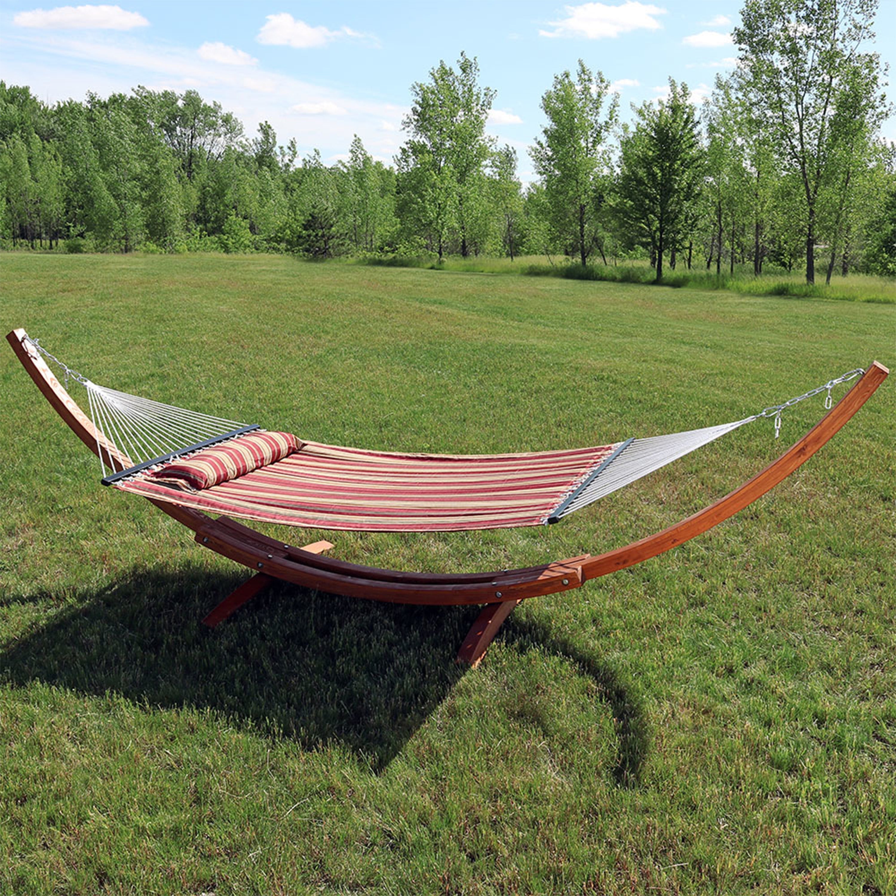  Sunnydaze Decor Quilted Double Fabric 2-Person Hammock with Curved Arc Wood Stand - 400 lb Weight Capacity/12' Stand - Blue & Green Stripe - Bonton