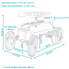 Garden Steel Rolling Gardening Cart with Swivel Chair, Tool Tray, and Basket