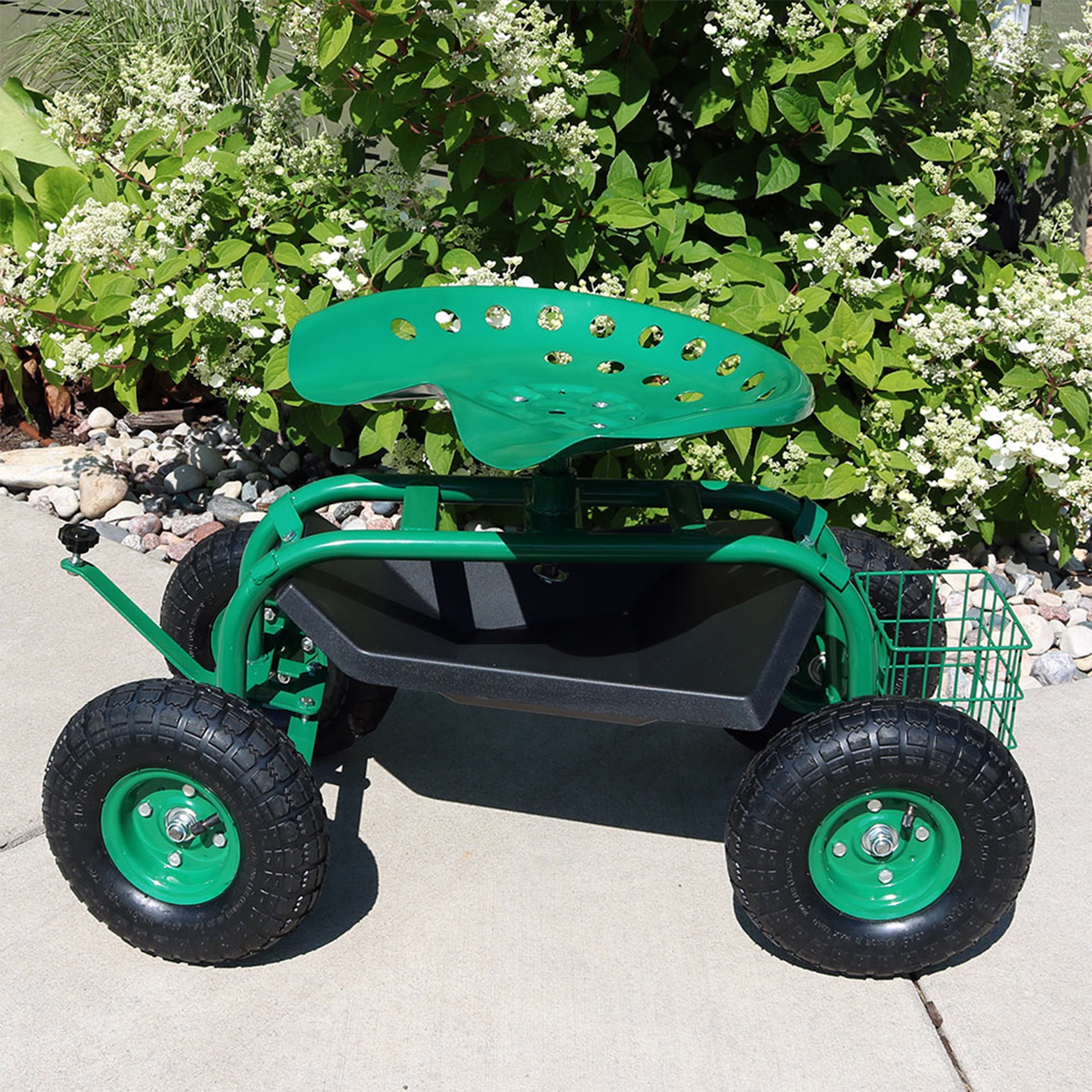  Sunnydaze Decor Garden Steel Rolling Gardening Cart with Swivel Chair, Tool Tray, and Basket - Blue - Bonton