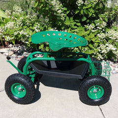 Garden Steel Rolling Gardening Cart with Swivel Chair, Tool Tray, and Basket