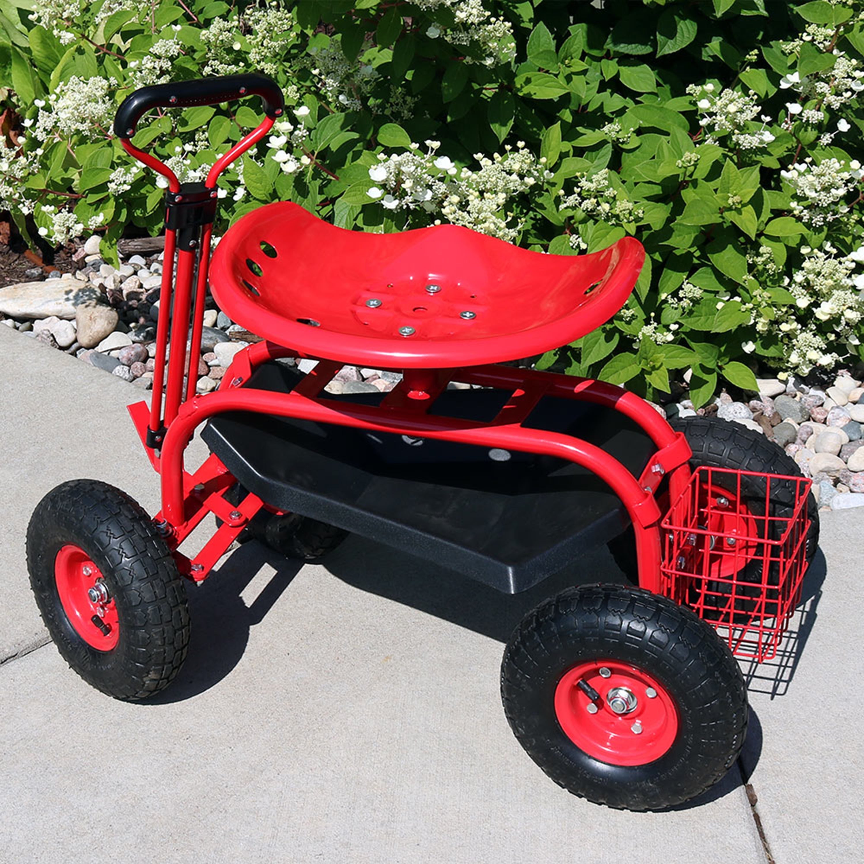  Sunnydaze Decor Garden Steel Rolling Gardening Cart with Extendable Steer Handle, Swivel Chair, Tool Tray, and Basket - Red - Bonton