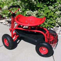 Garden Steel Rolling Gardening Cart with Extendable Steer Handle, Swivel Chair, Tool Tray, and Basket