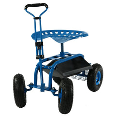 Garden Steel Rolling Gardening Cart with Extendable Steer Handle, Swivel Chair, Tool Tray, and Basket