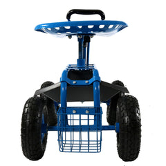 Garden Steel Rolling Gardening Cart with Extendable Steer Handle, Swivel Chair, Tool Tray, and Basket