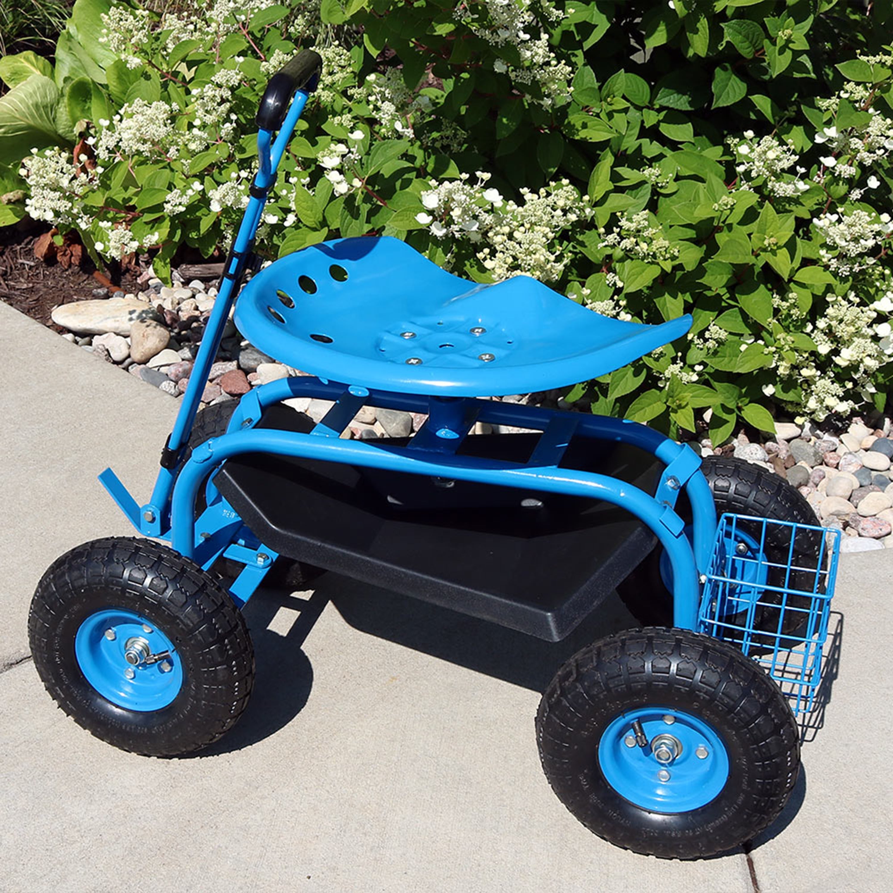  Sunnydaze Decor Garden Steel Rolling Gardening Cart with Extendable Steer Handle, Swivel Chair, Tool Tray, and Basket - Blue - Bonton