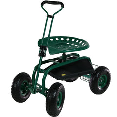 Garden Steel Rolling Gardening Cart with Extendable Steer Handle, Swivel Chair, Tool Tray, and Basket