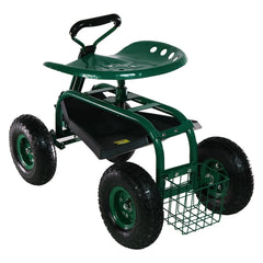 Garden Steel Rolling Gardening Cart with Extendable Steer Handle, Swivel Chair, Tool Tray, and Basket