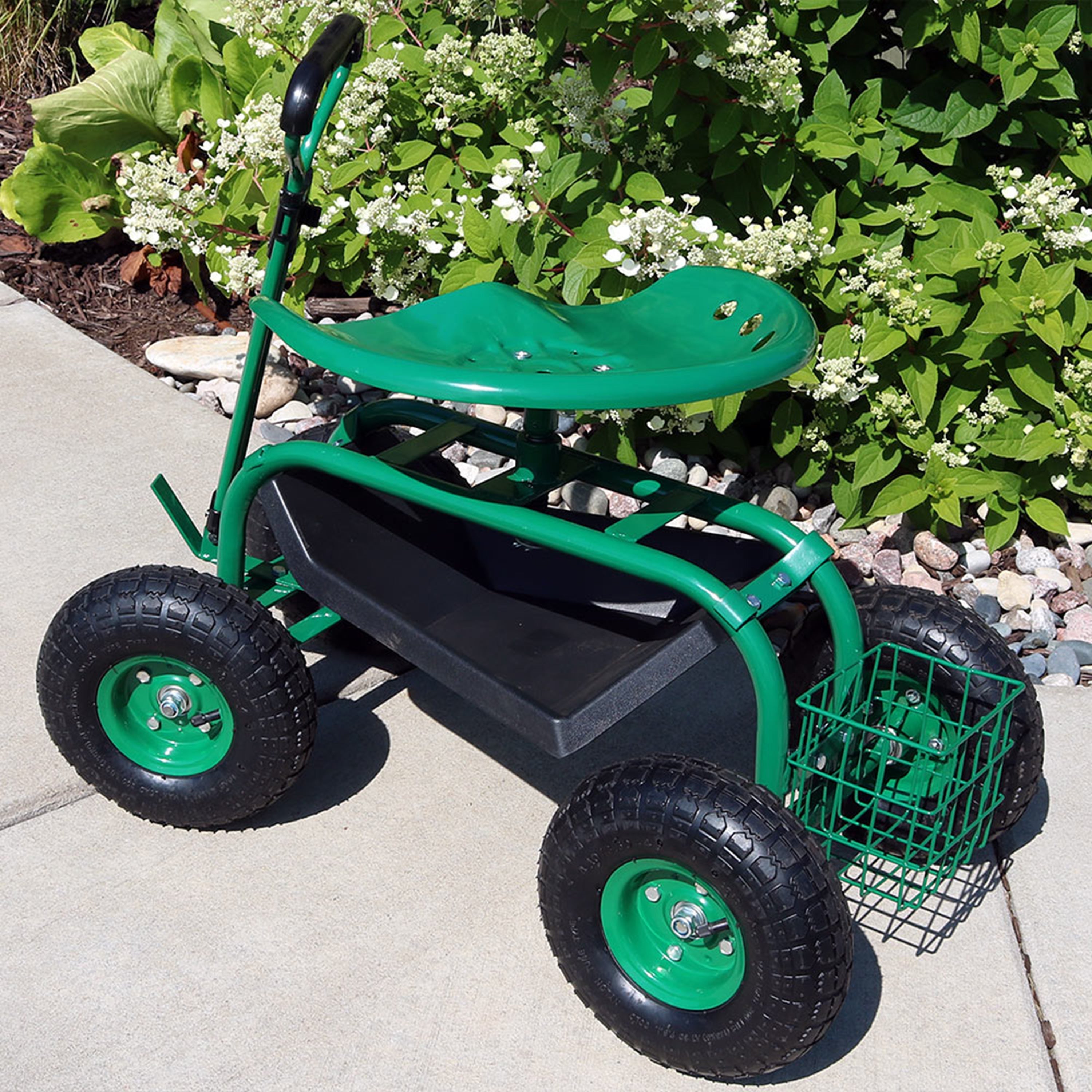  Sunnydaze Decor Garden Steel Rolling Gardening Cart with Extendable Steer Handle, Swivel Chair, Tool Tray, and Basket - Blue - Bonton