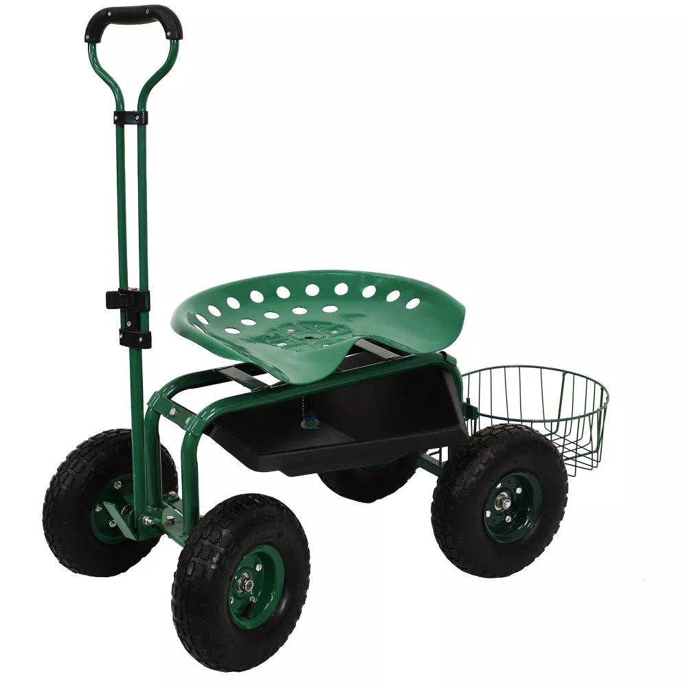  Sunnydaze Decor Garden Heavy-Duty Steel Rolling Gardening Cart with Extendable Steer Handle, Swivel Chair, Tool Tray, and Basket - Green - Bonton