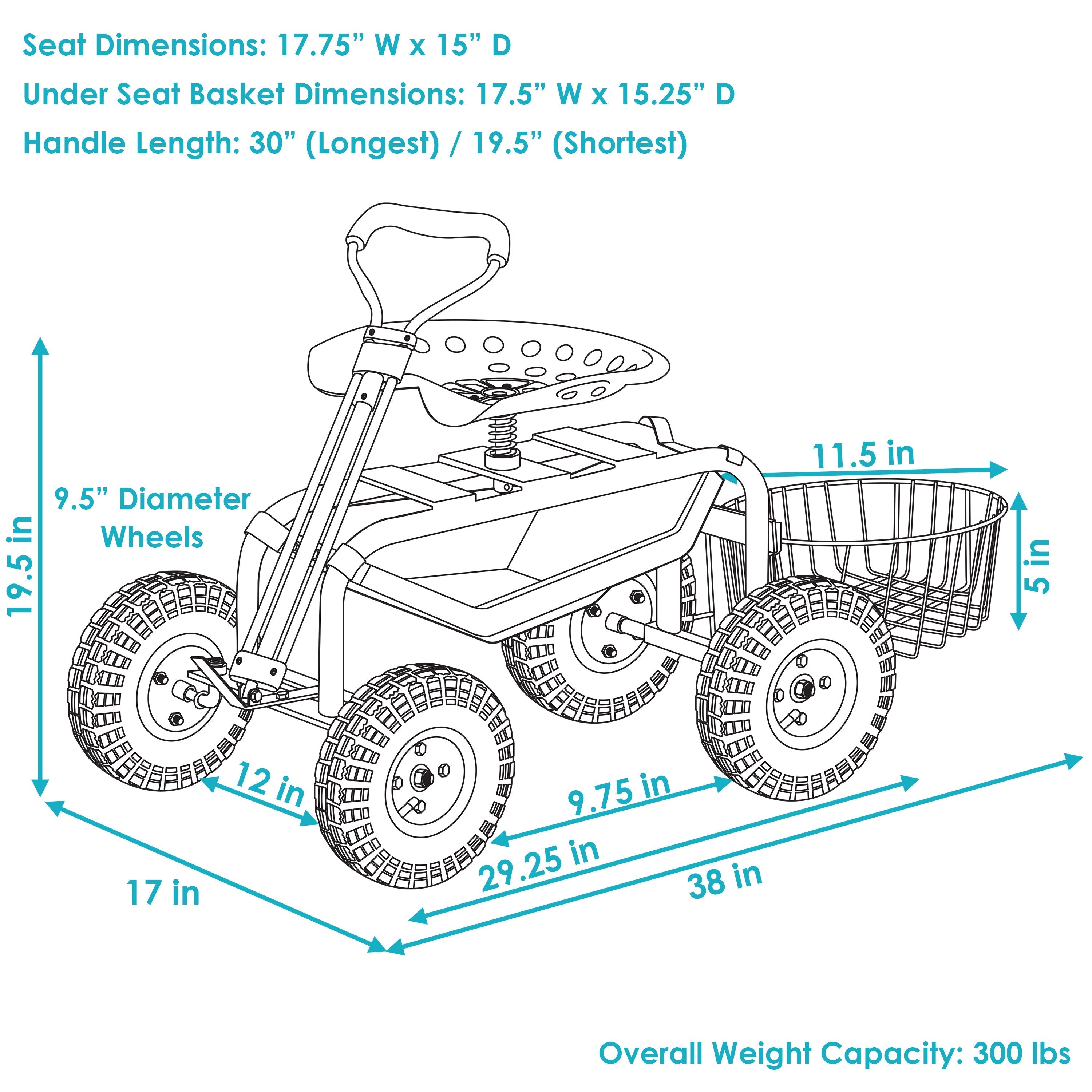  Sunnydaze Decor Garden Heavy-Duty Steel Rolling Gardening Cart with Extendable Steer Handle, Swivel Chair, Tool Tray, and Basket - Green - Bonton