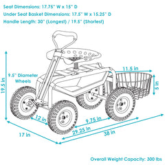 Garden Heavy-Duty Steel Rolling Gardening Cart with Extendable Steer Handle, Swivel Chair, Tool Tray, and Basket