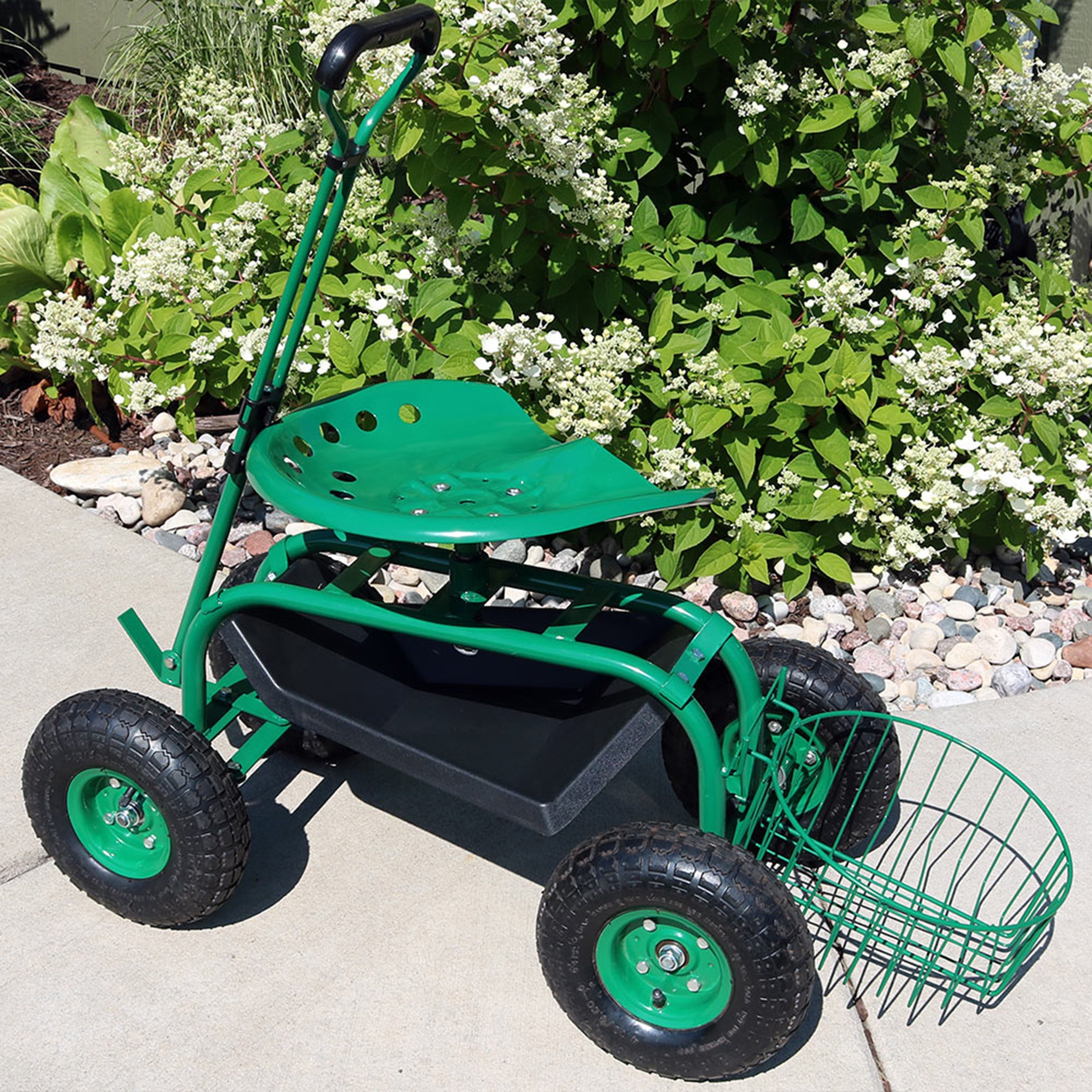  Sunnydaze Decor Garden Heavy-Duty Steel Rolling Gardening Cart with Extendable Steer Handle, Swivel Chair, Tool Tray, and Basket - Green - Bonton