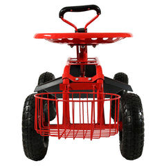 Garden Heavy-Duty Steel Rolling Gardening Cart with Extendable Steer Handle, Swivel Chair, Tool Tray, and Basket