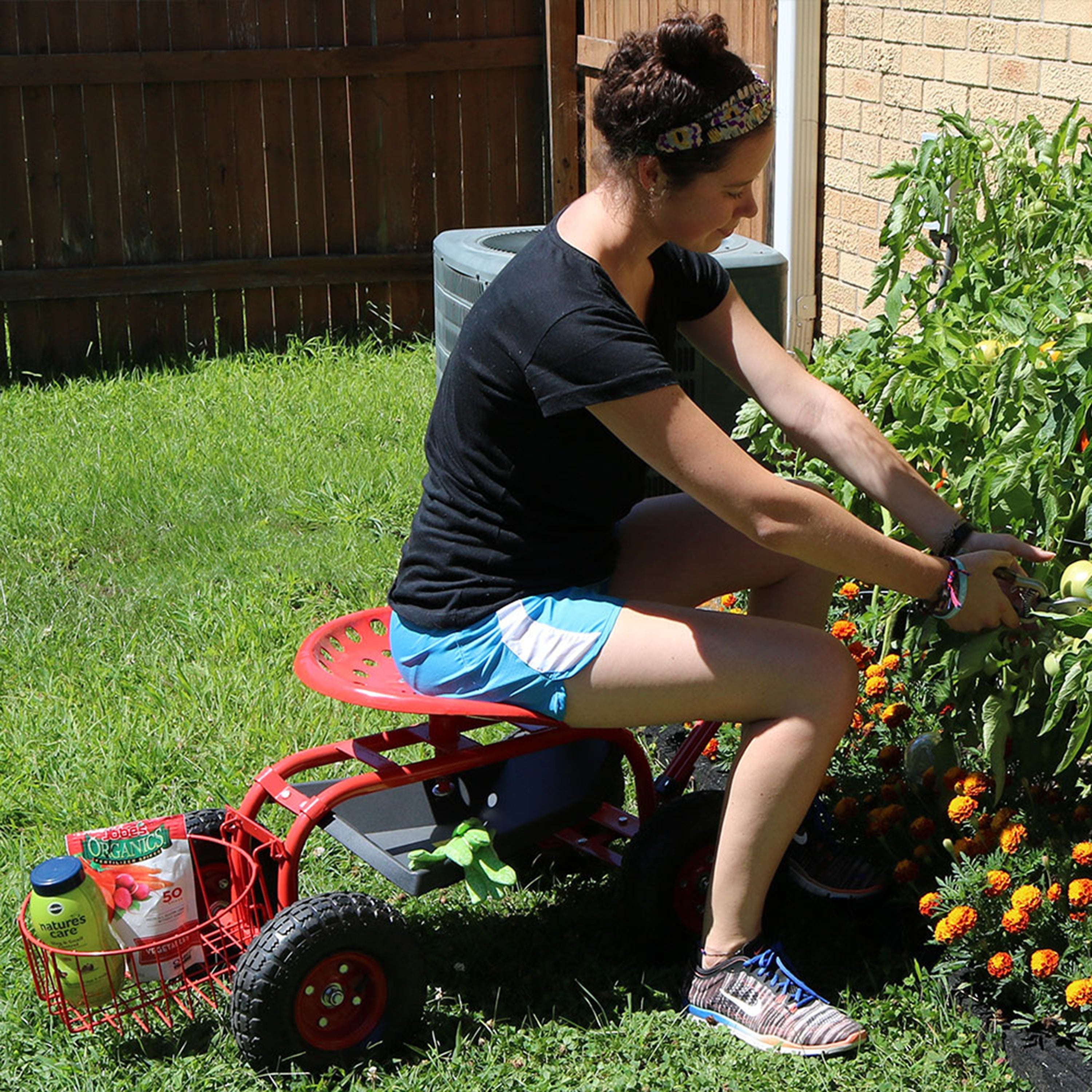  Sunnydaze Decor Garden Heavy-Duty Steel Rolling Gardening Cart with Extendable Steer Handle, Swivel Chair, Tool Tray, and Basket - Blue - Bonton