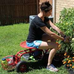 Garden Heavy-Duty Steel Rolling Gardening Cart with Extendable Steer Handle, Swivel Chair, Tool Tray, and Basket