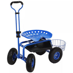 Garden Heavy-Duty Steel Rolling Gardening Cart with Extendable Steer Handle, Swivel Chair, Tool Tray, and Basket