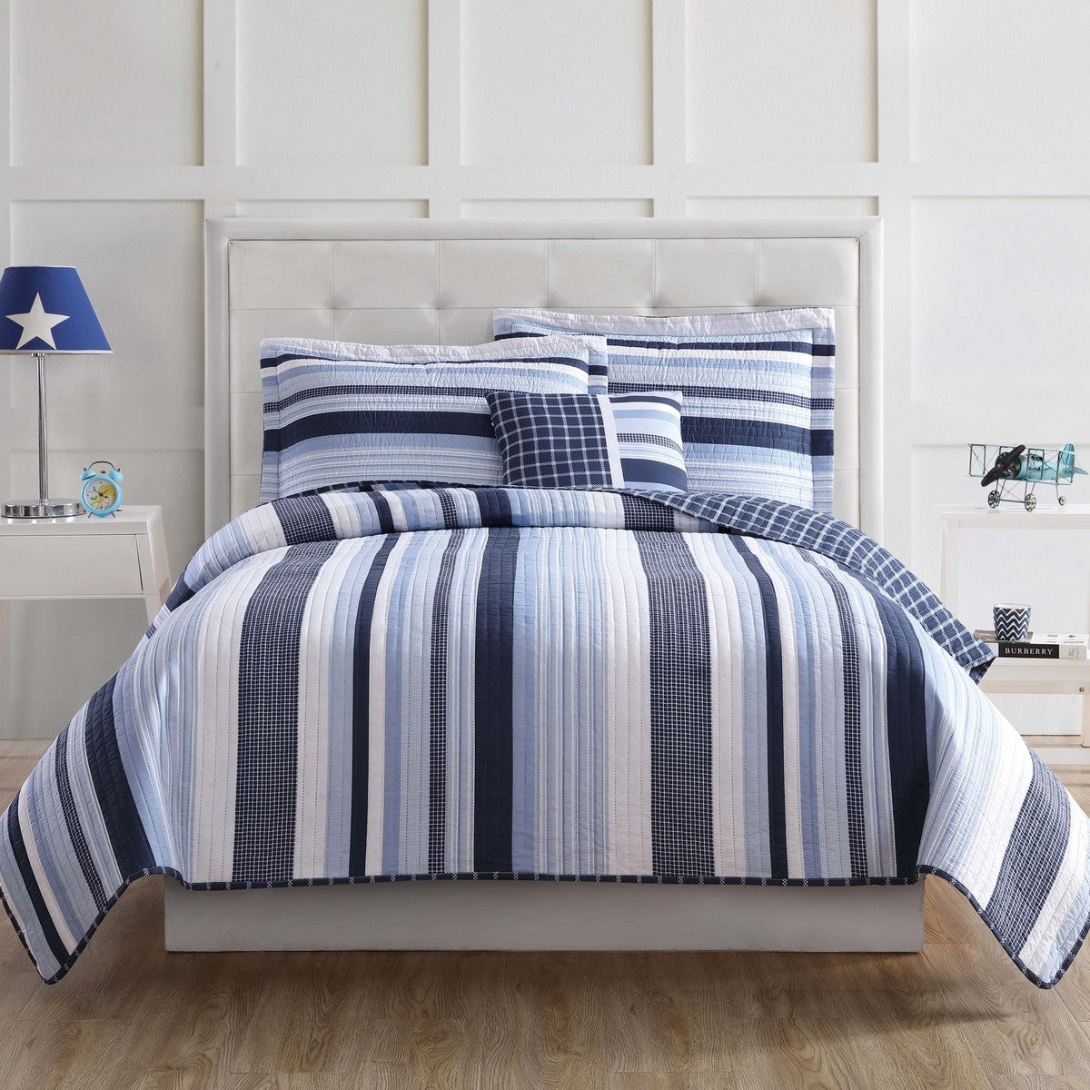  My World Madison Stripe Quilt Set - Blue  and  White - Bonton