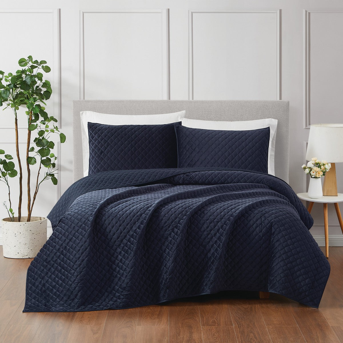  Royal Velvet Diamond Velvet Quilt Set - Navy - Bonton