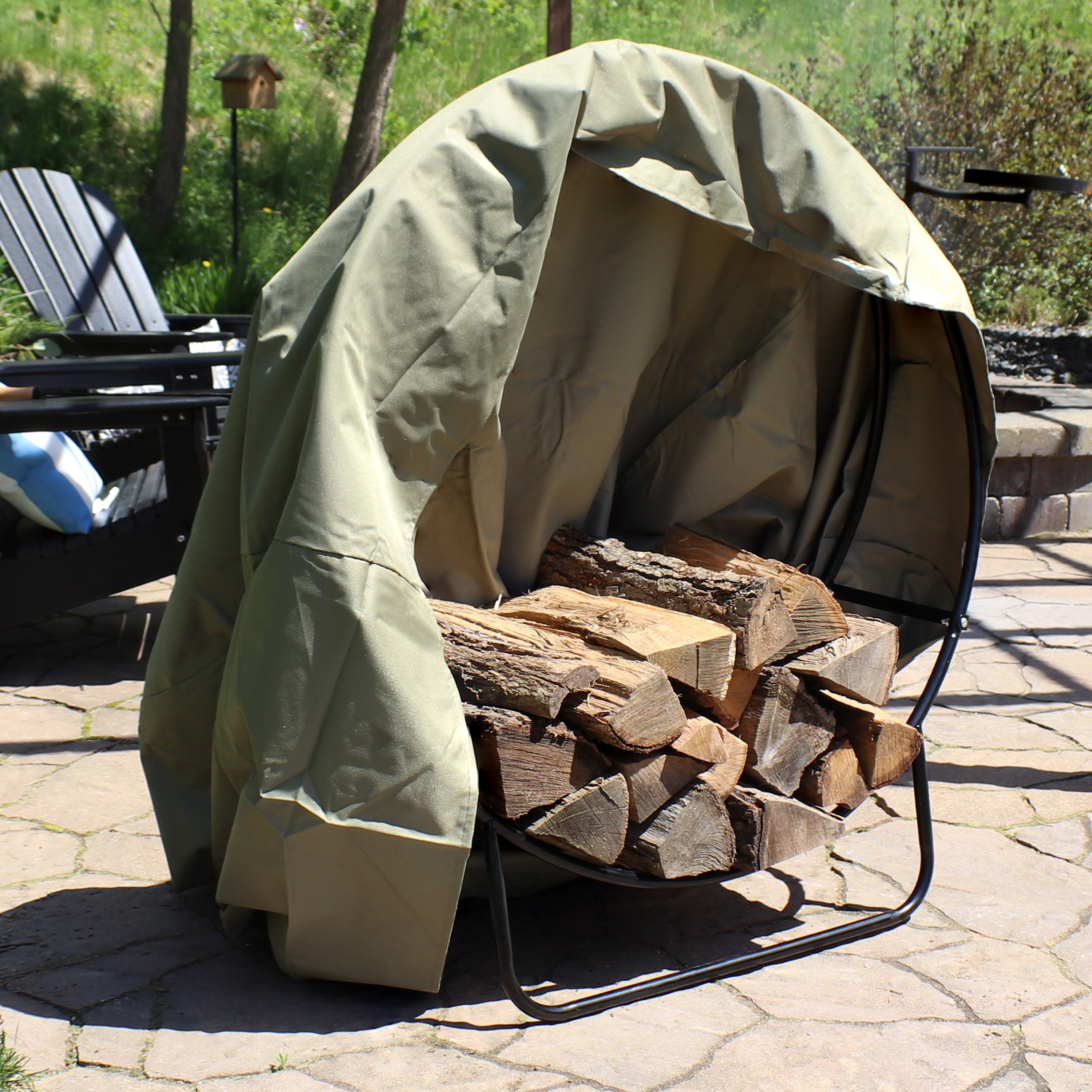  Sunnydaze Decor Heavy-Duty Steel Firewood Log Hoop Storage Rack with Weather-Resistant PVC Log Hoop Cover - Khaki - Bonton