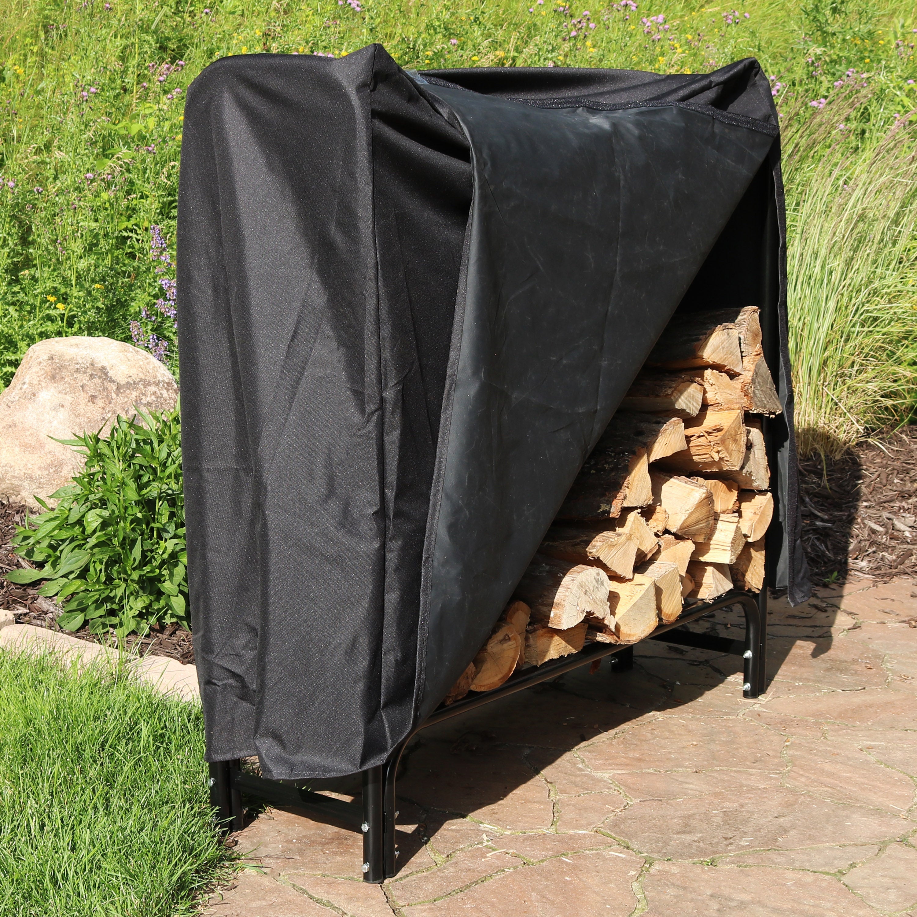  Sunnydaze Decor Heavy-Duty Steel Firewood Log Rack Holder and Weather-Resistant Polyester Log Rack Cover - Black - Bonton