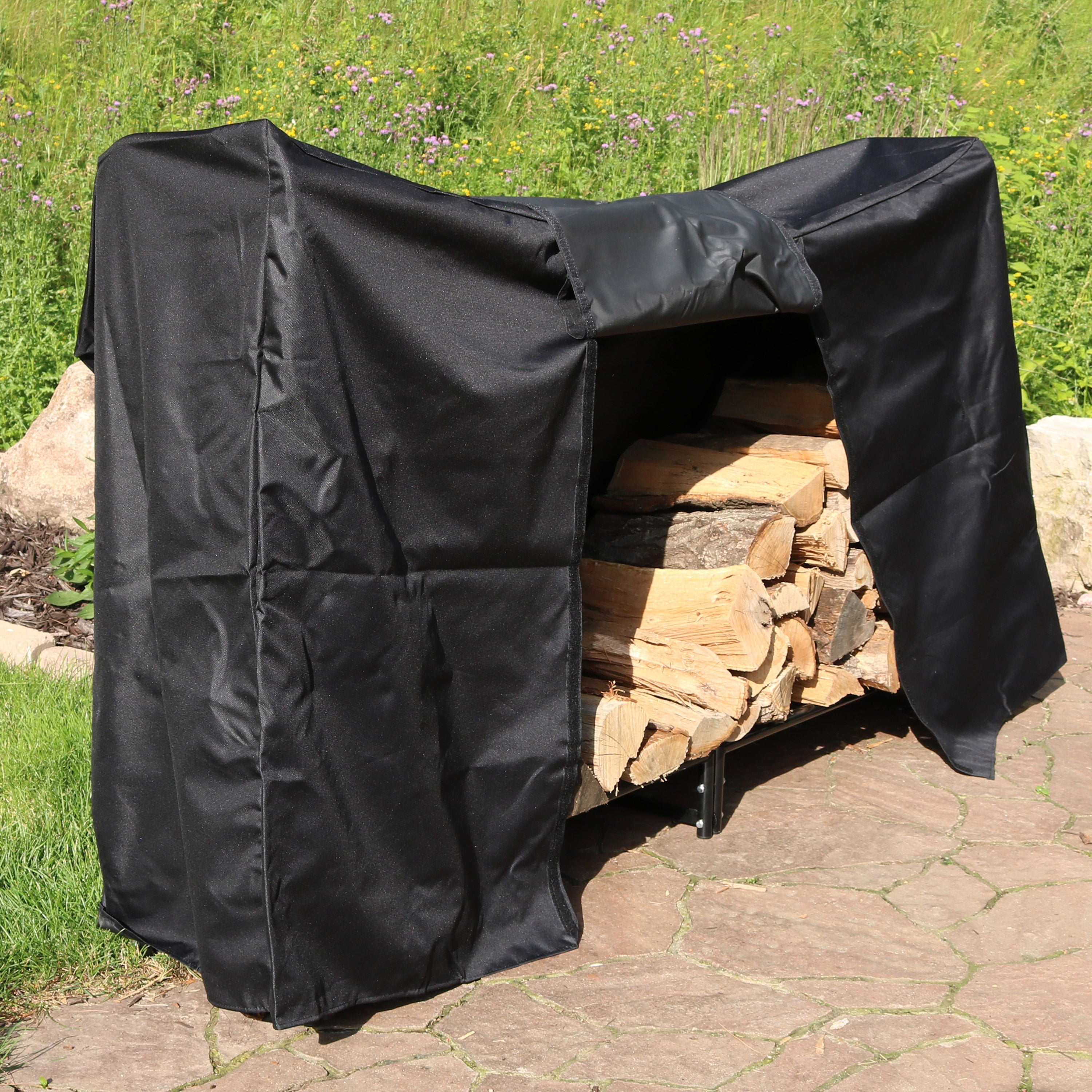  Sunnydaze Decor Heavy-Duty Steel Firewood Log Rack Holder and Weather-Resistant PVC Log Rack Cover - 6' - Black - Black - Bonton