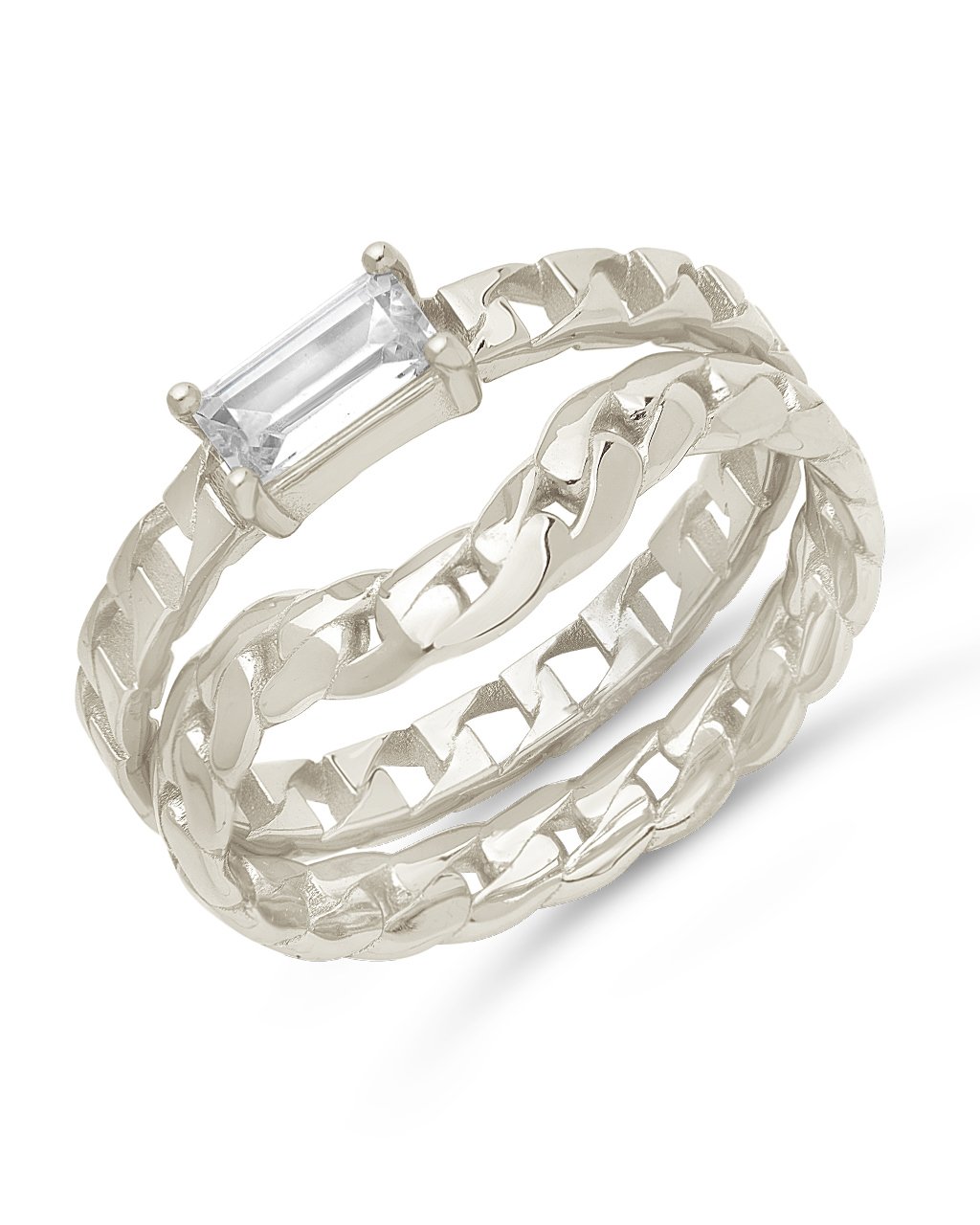  Sterling Forever Karter Stacking Ring Set with CZ Center Stone - Silver - Bonton