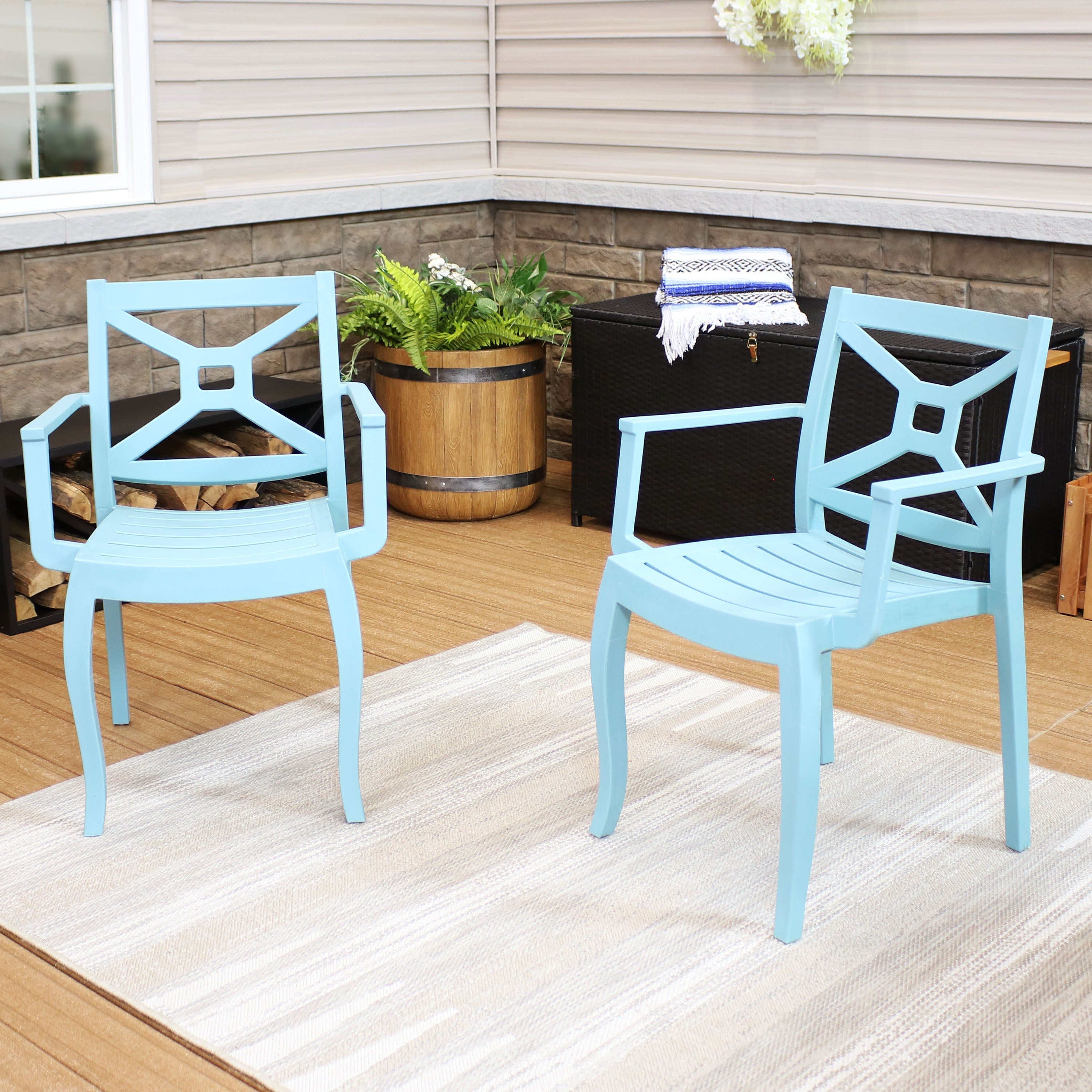  Sunnydaze Decor Tristana Polypropylene Stackable Patio Arm Chair - Blue - Bonton