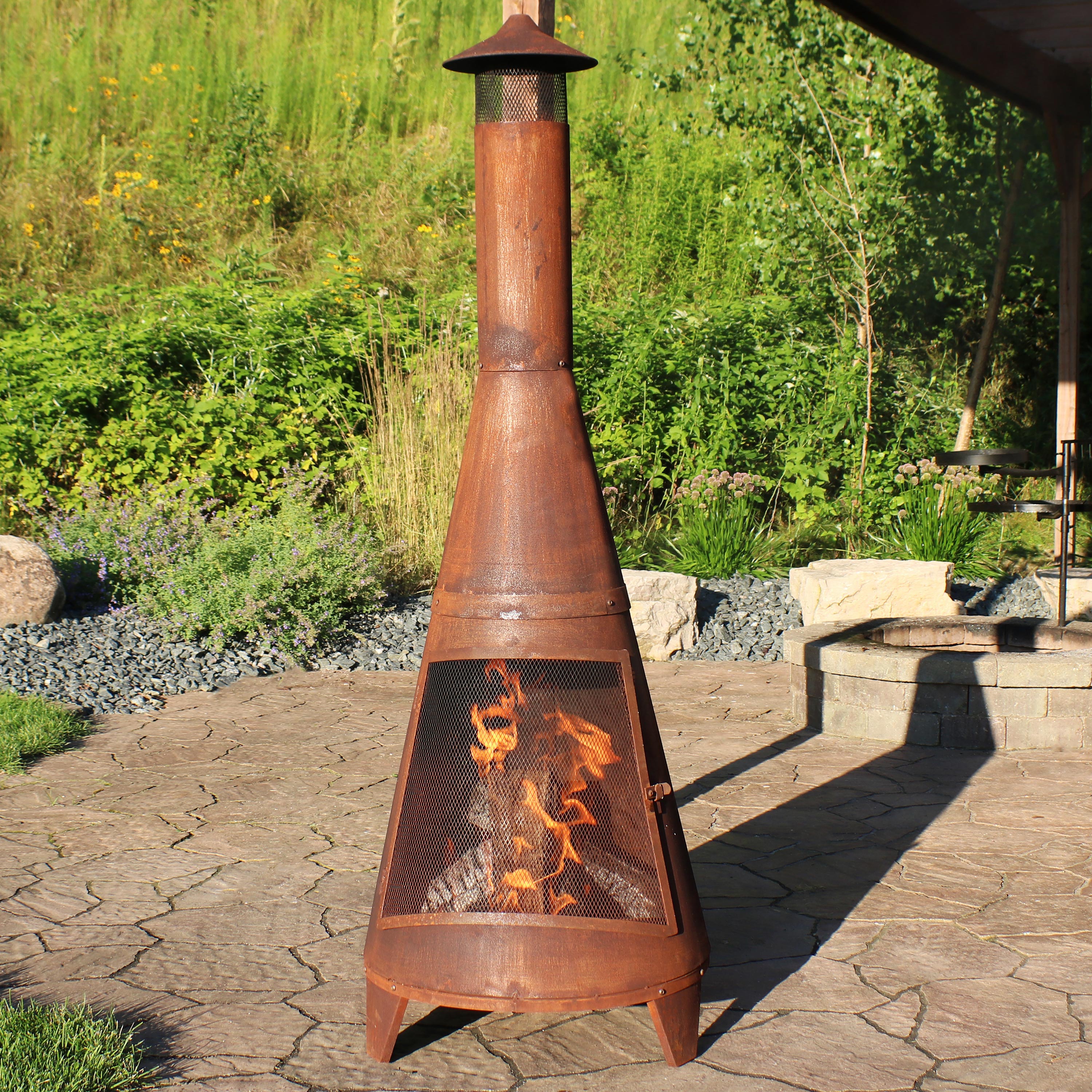  Sunnydaze Decor Backyard Large Freestanding Oxidized Steel Wood-Burning Fire Pit Chiminea - 70