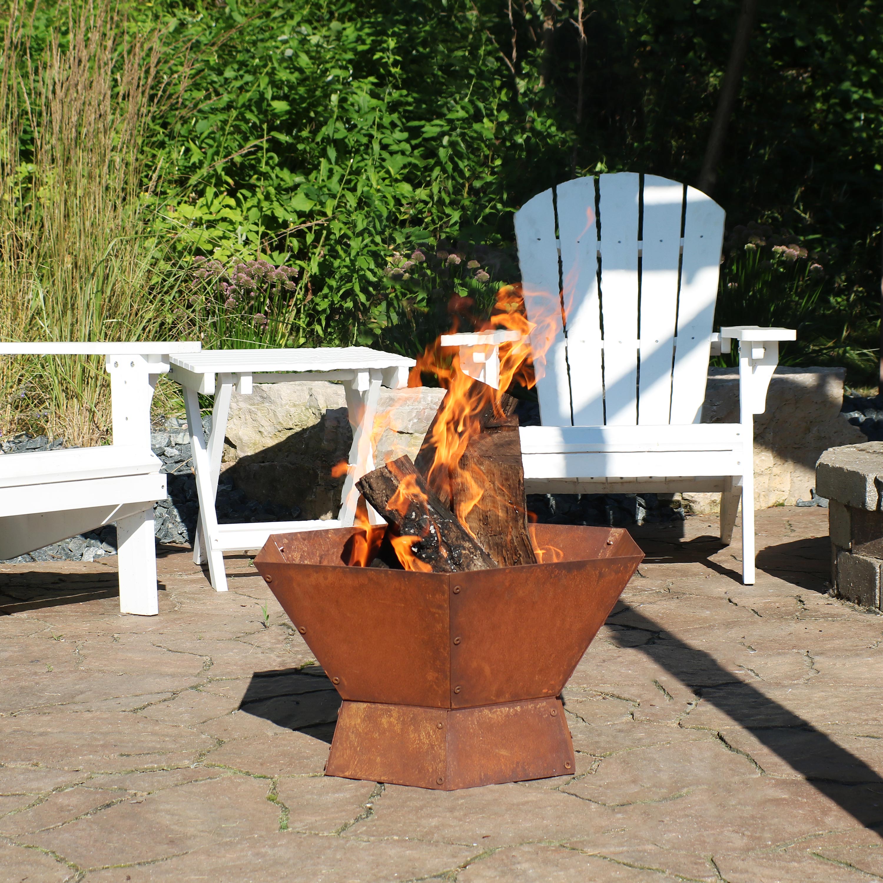  Sunnydaze Decor Camping or Backyard Hexagon Rustic Affinity Fire Pit Bowl on Pedestal Stand - 23