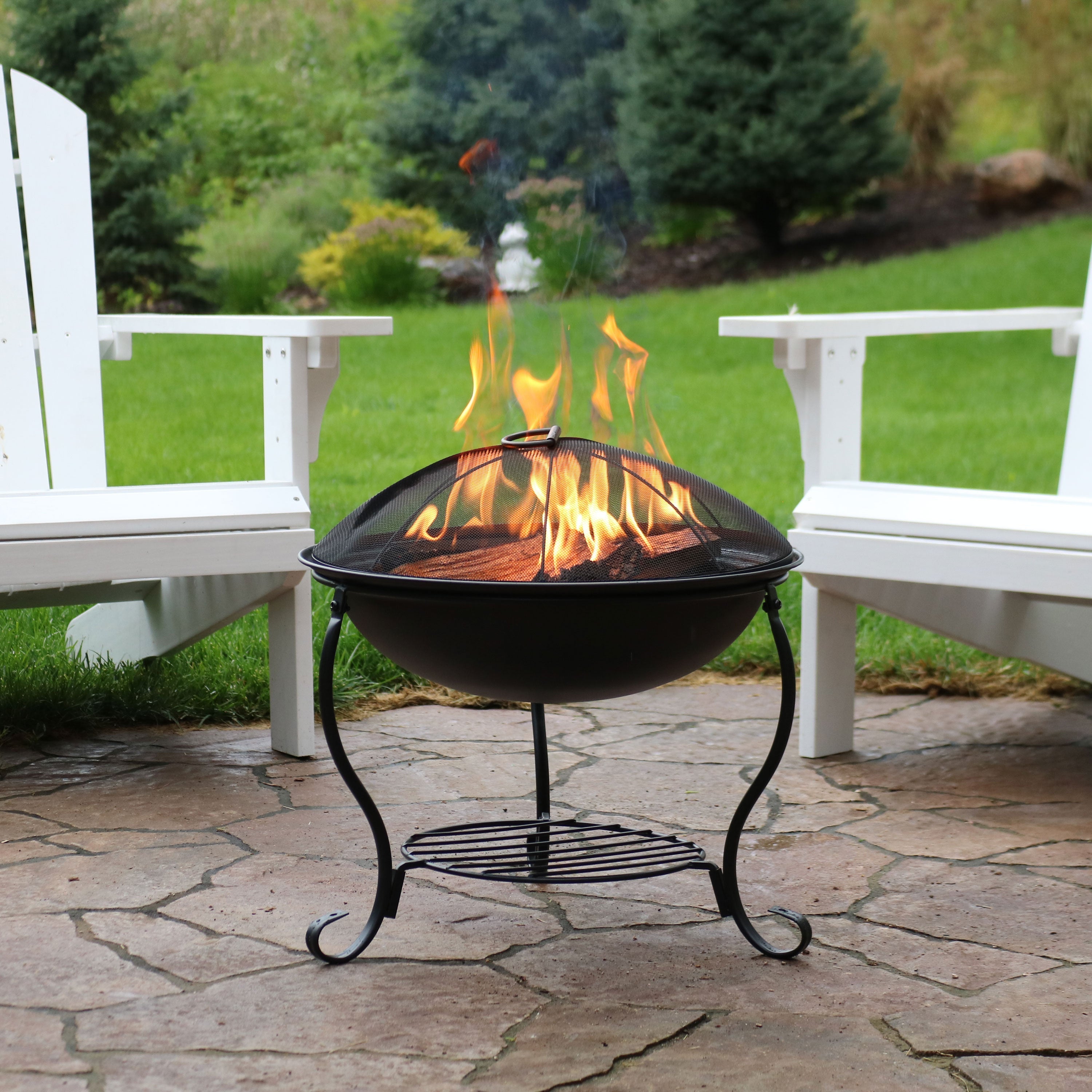  Sunnydaze Decor Camping or Backyard Steel Round Raised Fire Pit on Stand with Spark Screen - 18