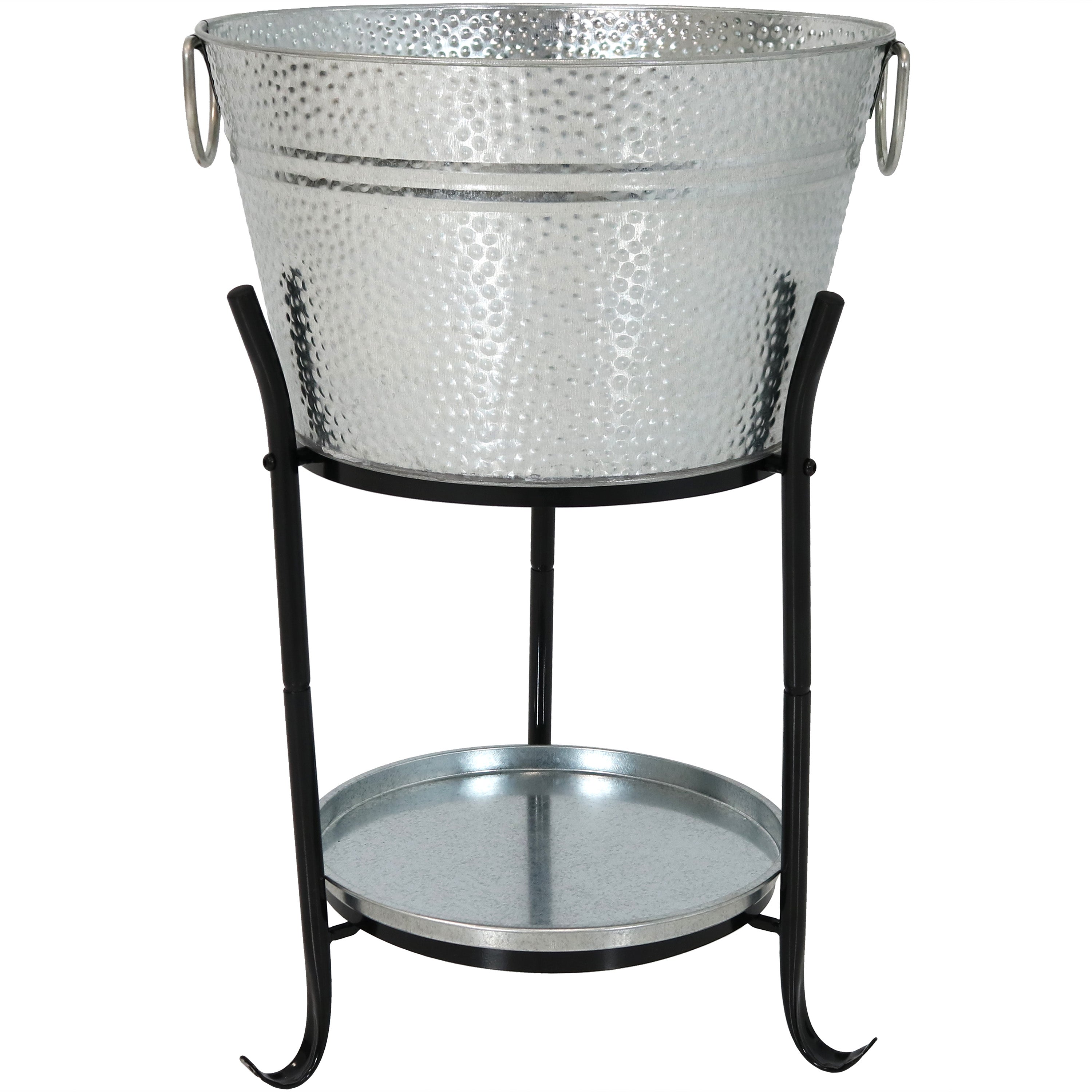  Sunnydaze Decor Pebbled Galvanized Ice Bucket Beverage Holder with Stand & Tray - Silver - Bonton