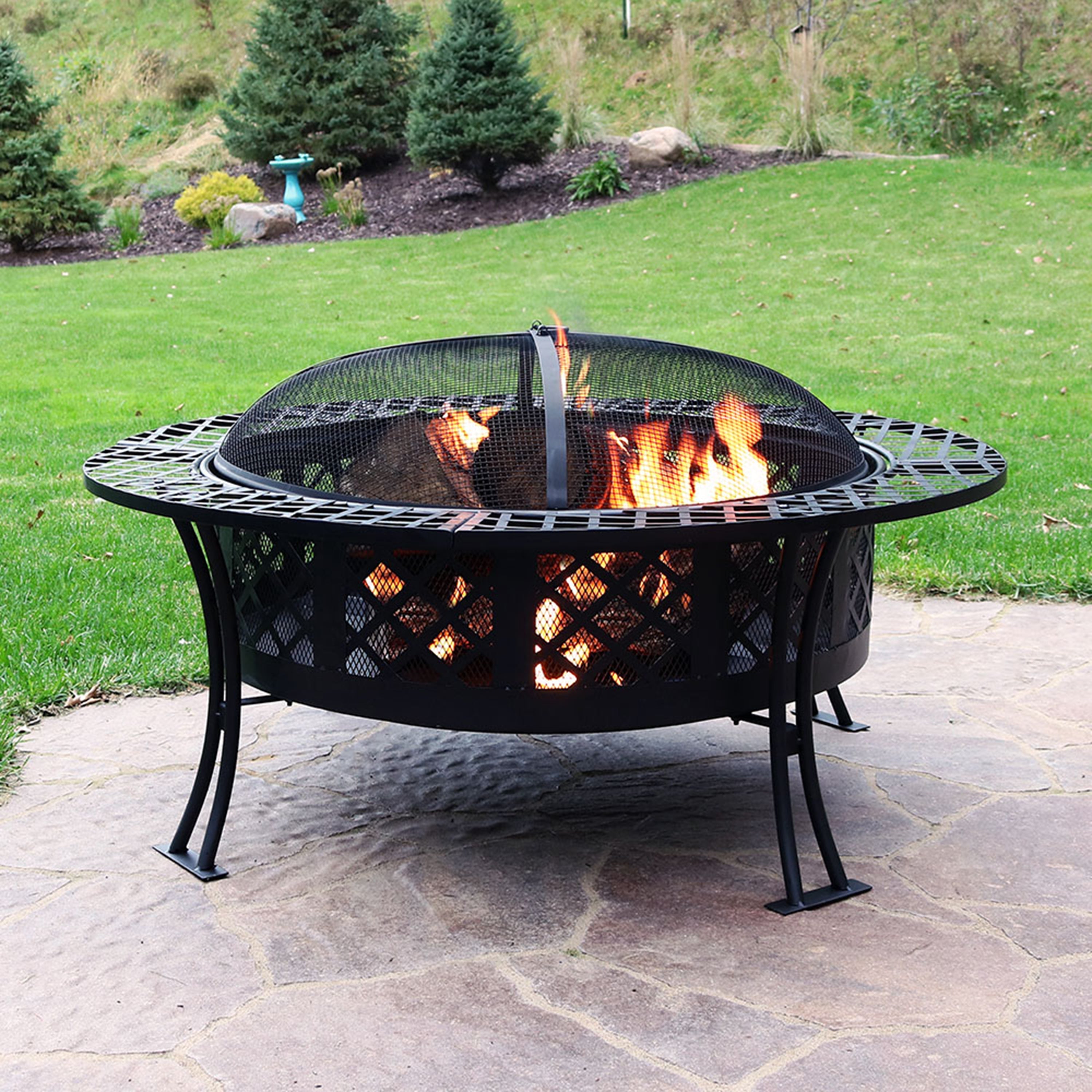  Sunnydaze Decor Camping or Backyard Steel Diamond Weave Fire Pit Bowl with Spark Screen - 40