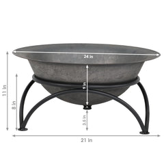 Camping or Backyard Round Cast Iron Rustic Fire Pit Bowl on Stand - 23.5" - Dark Gray