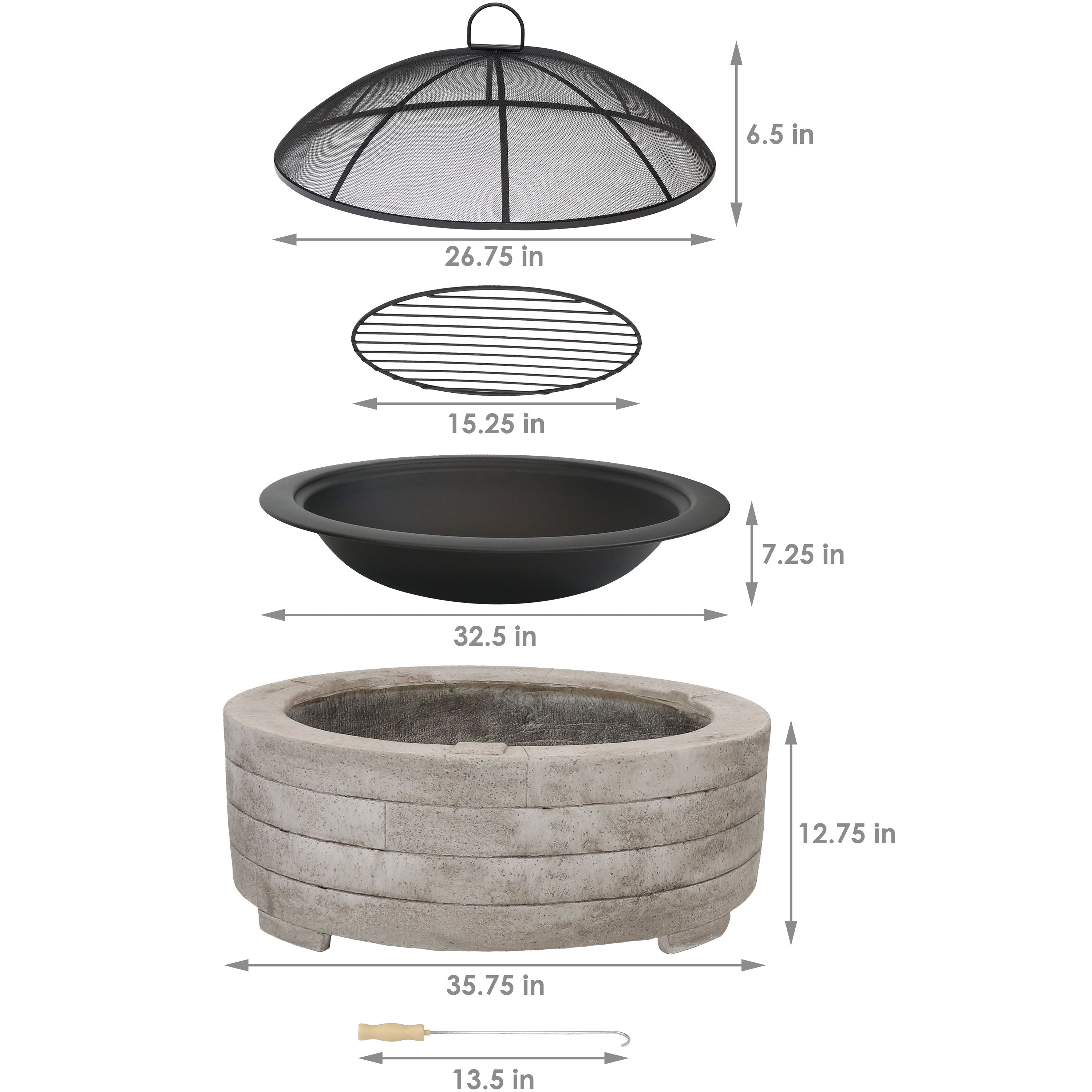  Sunnydaze Decor Large Round Faux Stone Fire Pit with Handles, Log Poker, and Spark Screen - 35