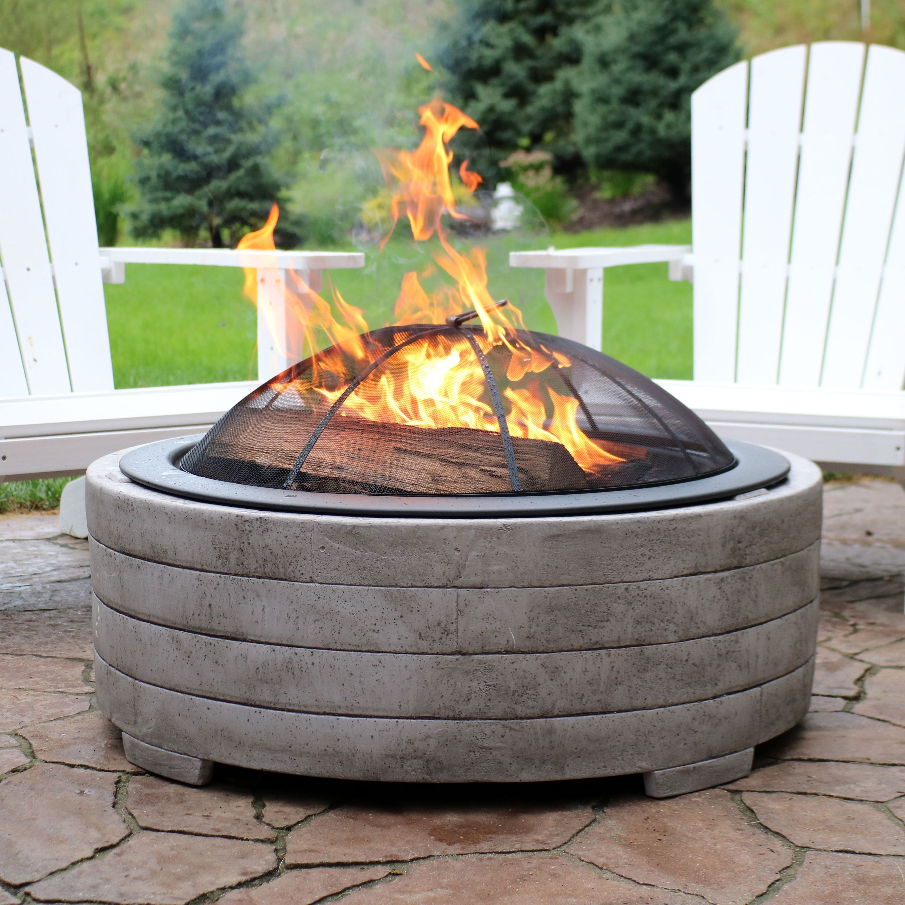  Sunnydaze Decor Large Round Faux Stone Fire Pit with Handles, Log Poker, and Spark Screen - 35