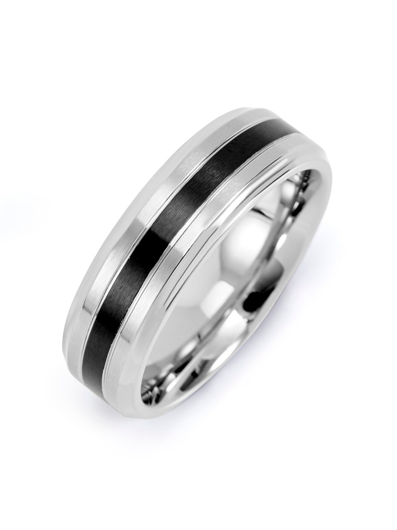  Kenneth Roberts Men's Single Black Inlay Band Ring - Silver - Bonton