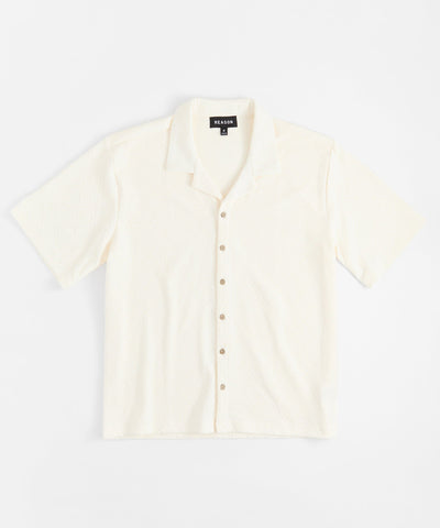 Textured Knit Short Sleeve Button Down Shirt - Light Beige