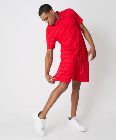Diamond Plate Towel Color Blocked Short Sleeve Button Down Shirt - Red