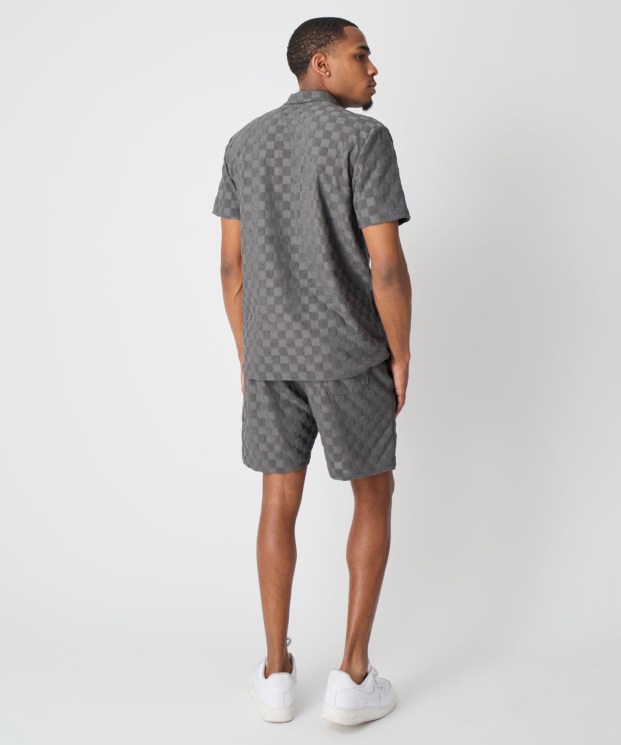  Reason Clothing Checkerboard Towel Color Blocked Short Sleeve Button Down Shirt - Grey - GREY - Bonton
