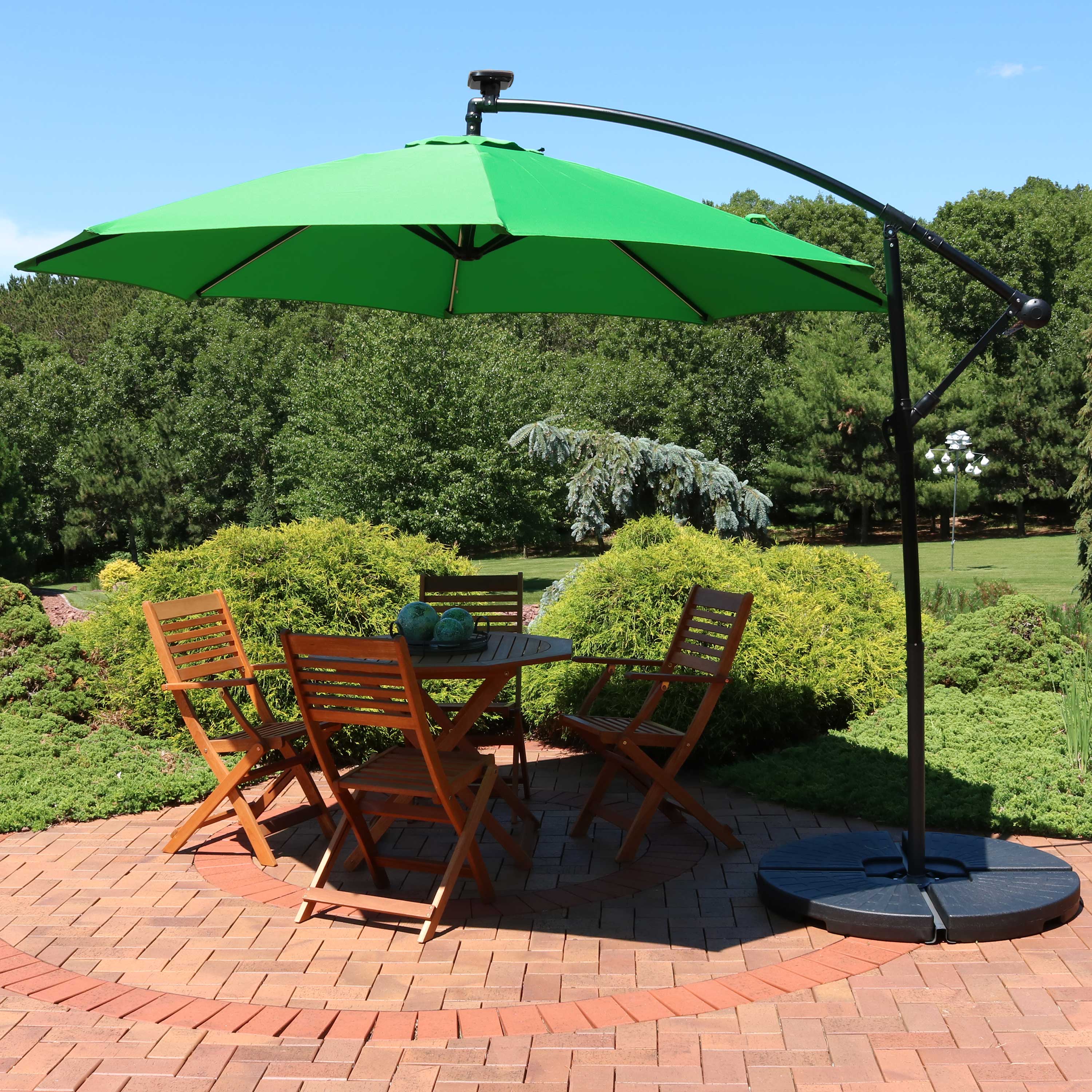  Sunnydaze Decor Steel Cantilever Offset Patio Umbrella with Solar LED Lights, Air Vent, Crank, and Base - 9' - Azure - Bonton