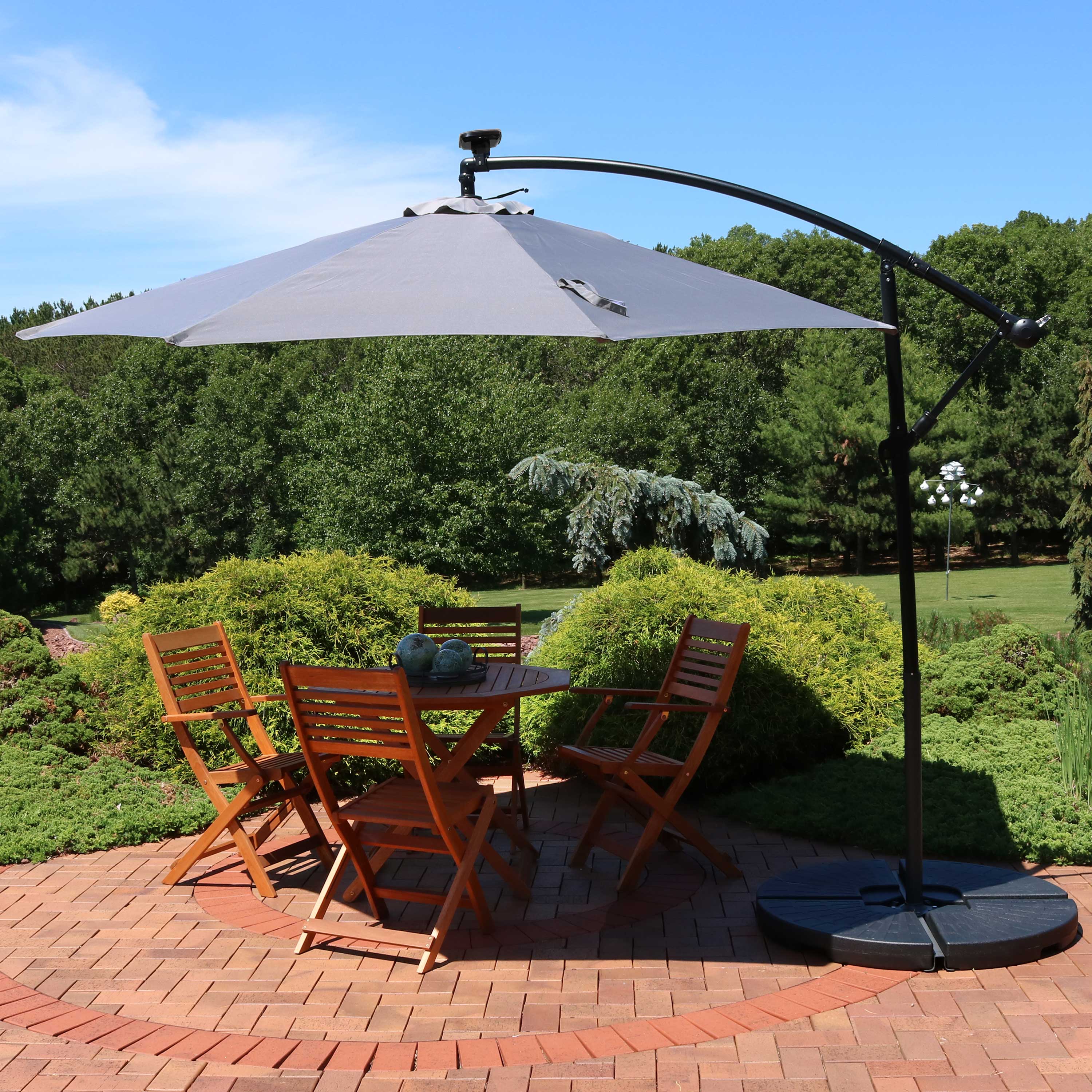  Sunnydaze Decor Steel Cantilever Offset Patio Umbrella with Solar LED Lights, Air Vent, Crank, and Base - 9' - Azure - Bonton