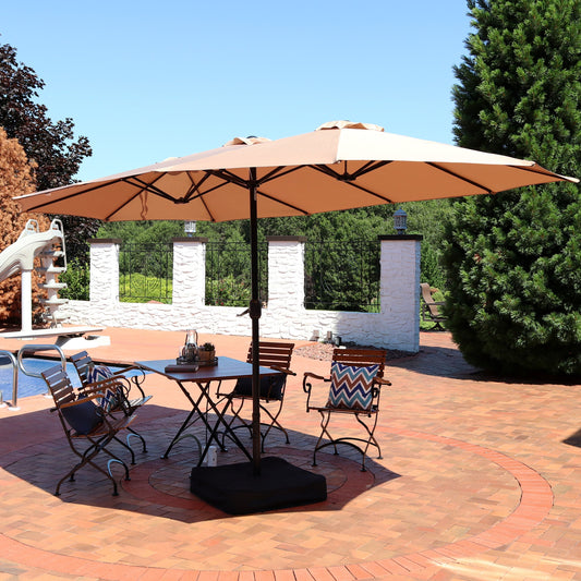 Double-Sided Patio Umbrella with Crank & Sandbag Base, 15' Tan