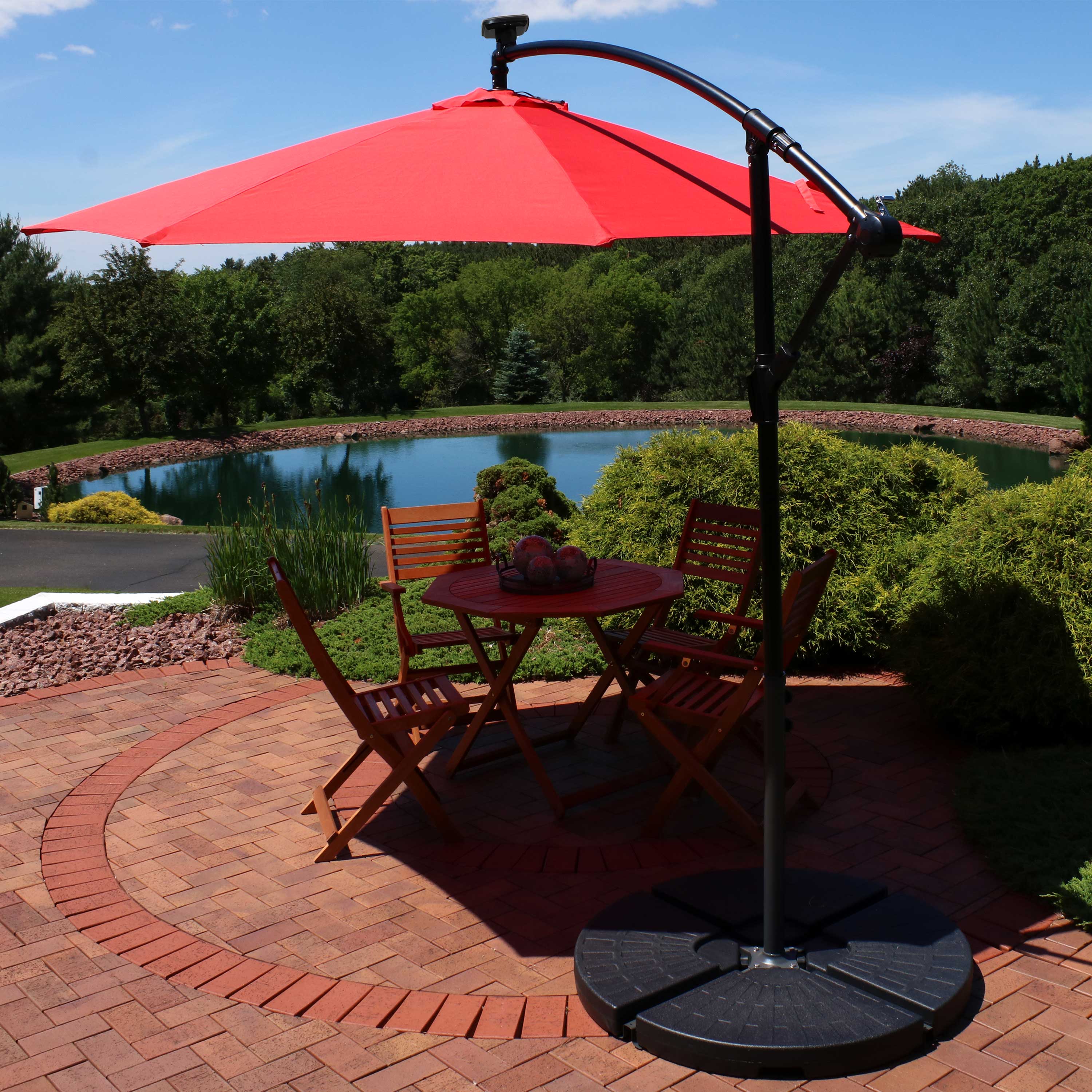  Sunnydaze Decor Steel Cantilever Offset Patio Umbrella with Solar LED Lights, Air Vent, Crank, and Base - 9' - Azure - Bonton